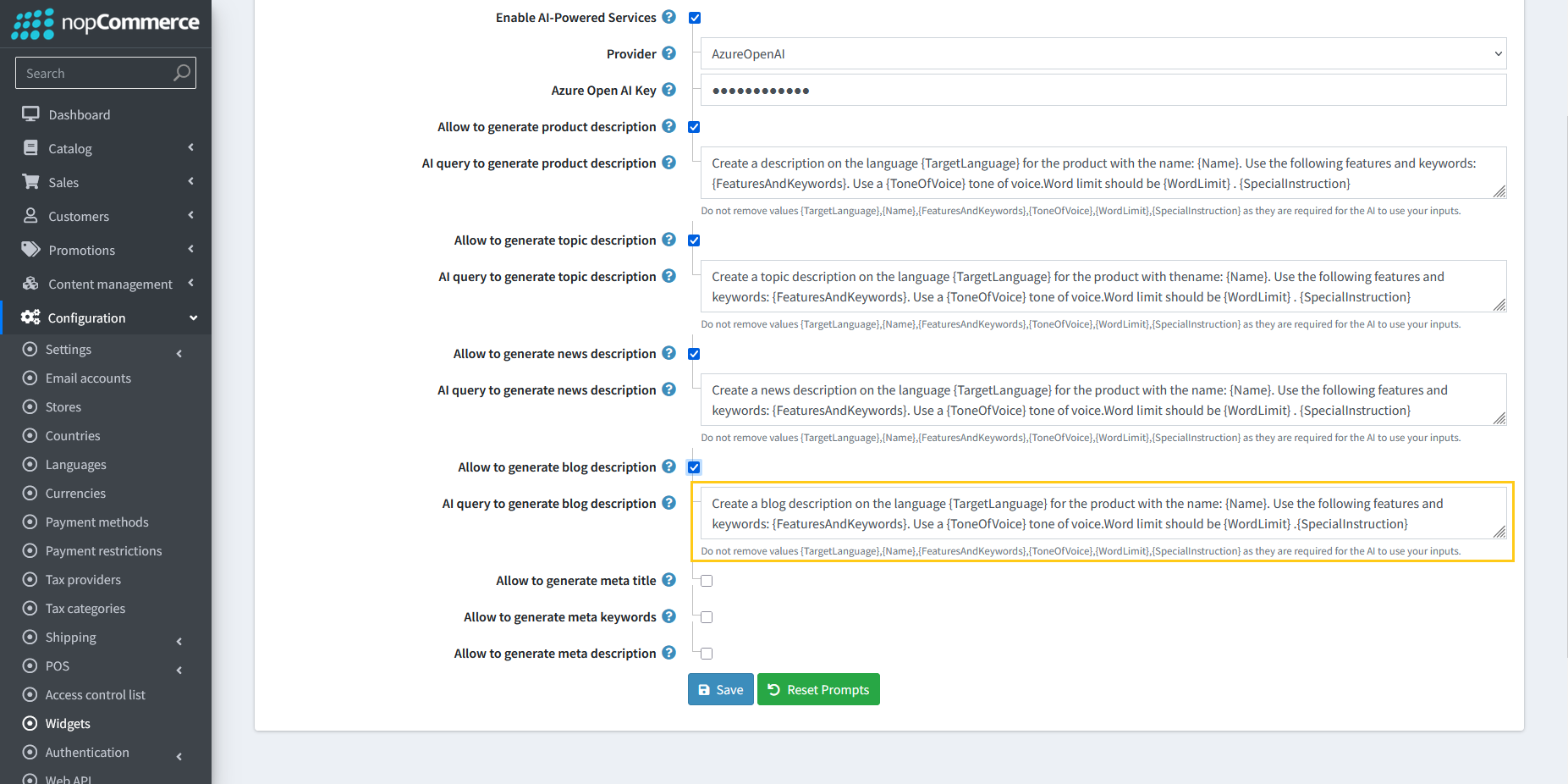 AI query field for blog description generation prompt