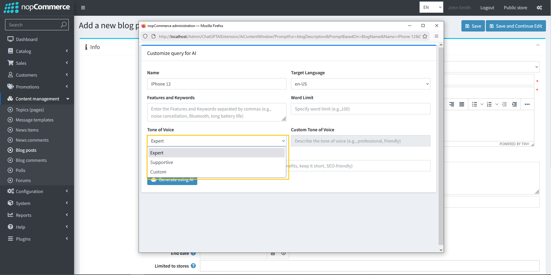 Tone of Voice selection for blog content generation