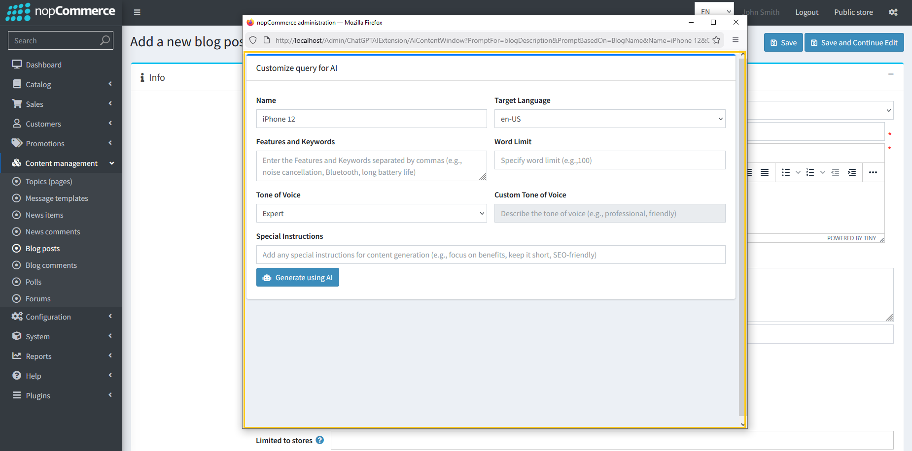 Customize Query for AI popup dialog for blog content