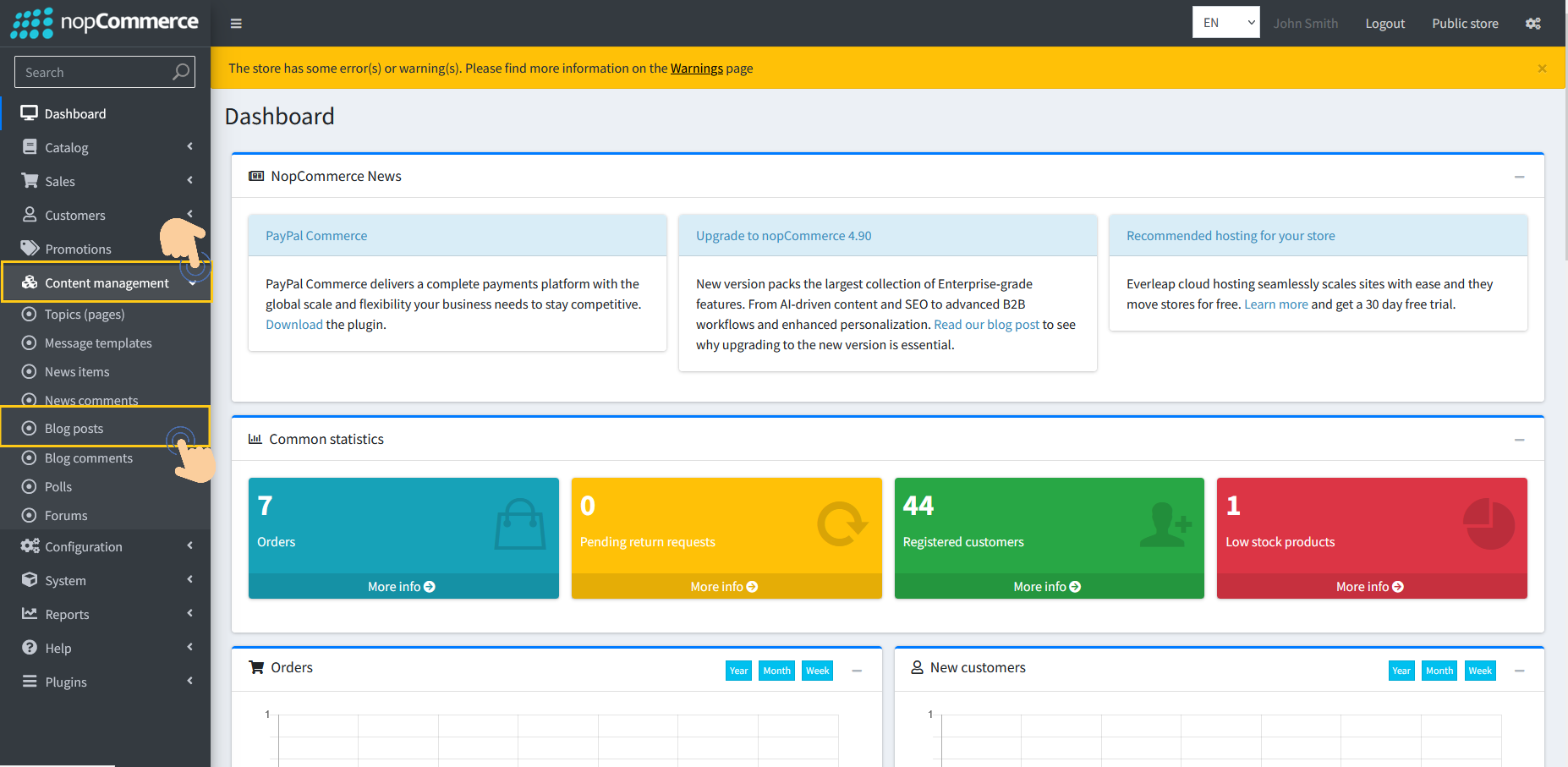 Content Management Blogs posts menu page
