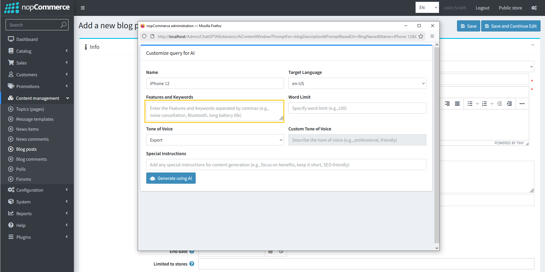 Blog features and keywords input field in AI dialog