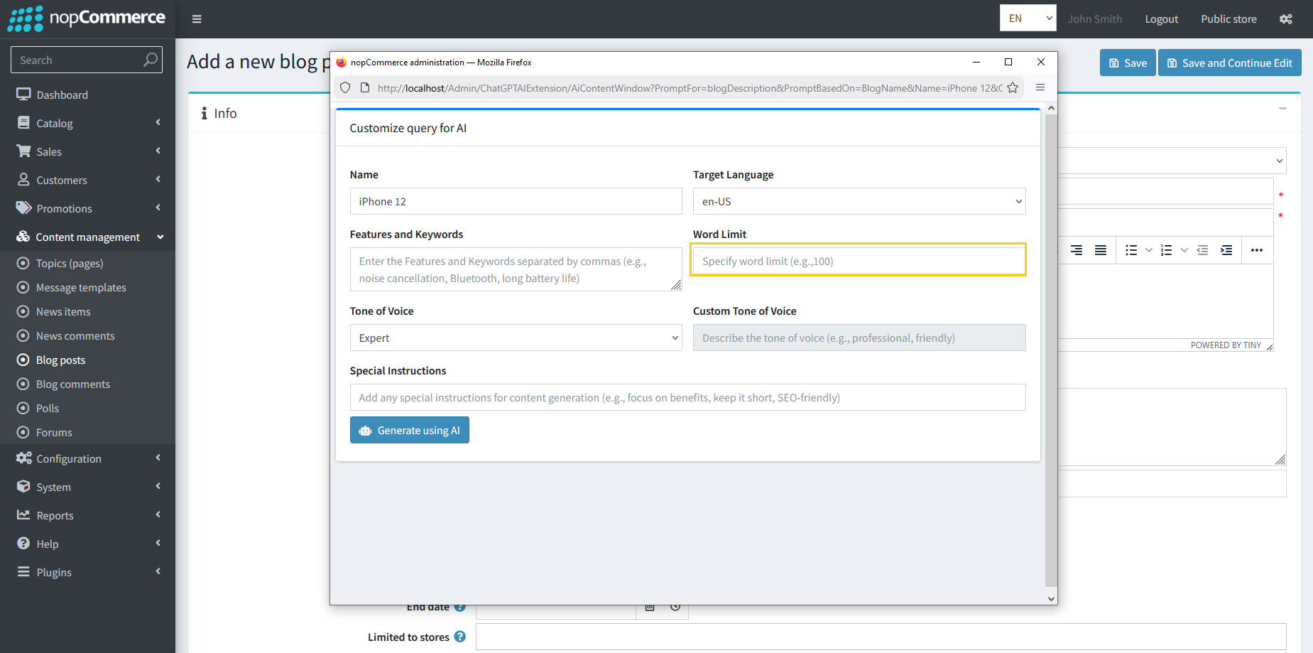 Word limit input for blog content generation