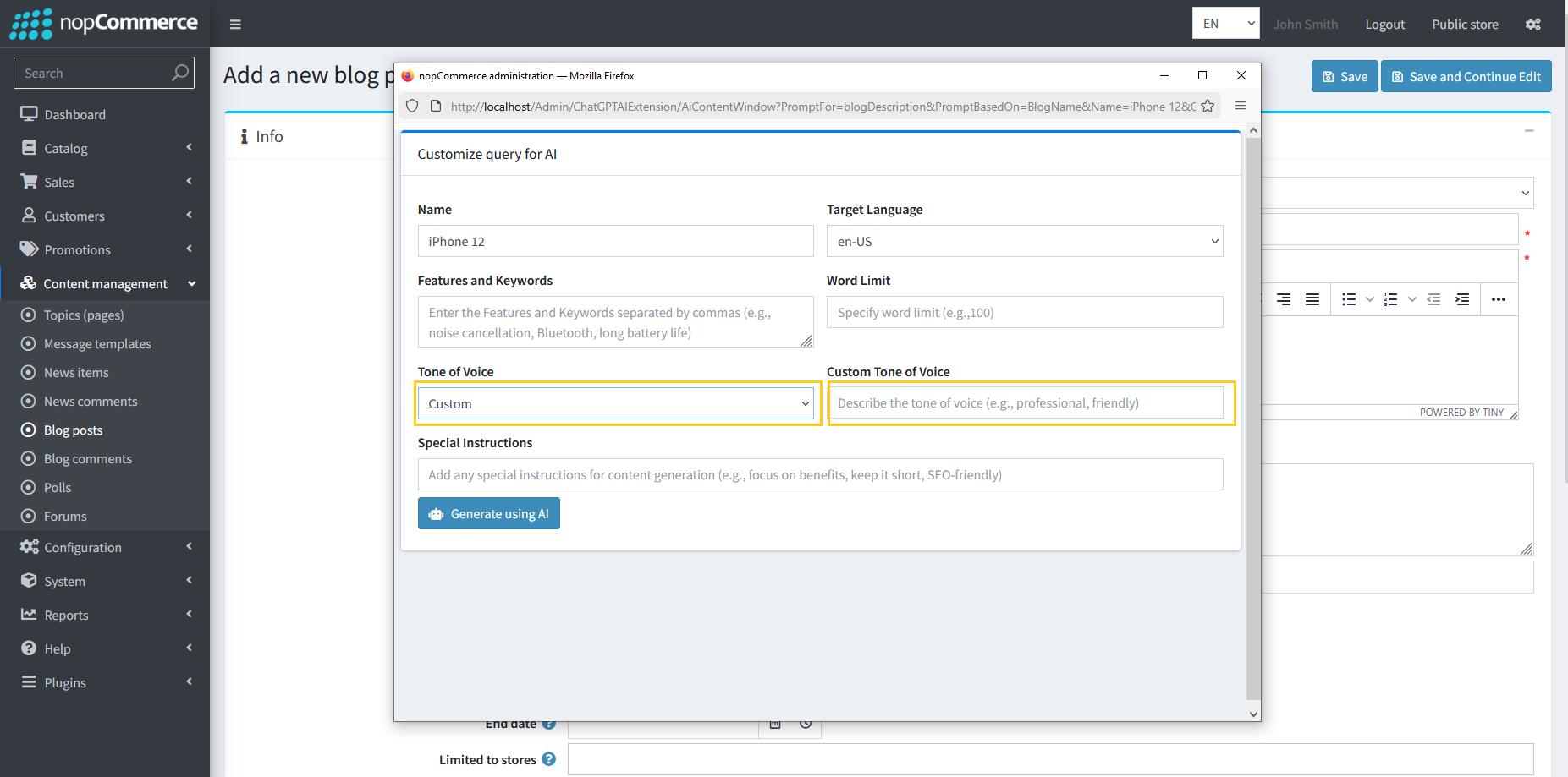 Custom Tone of Voice field for blog tone specification