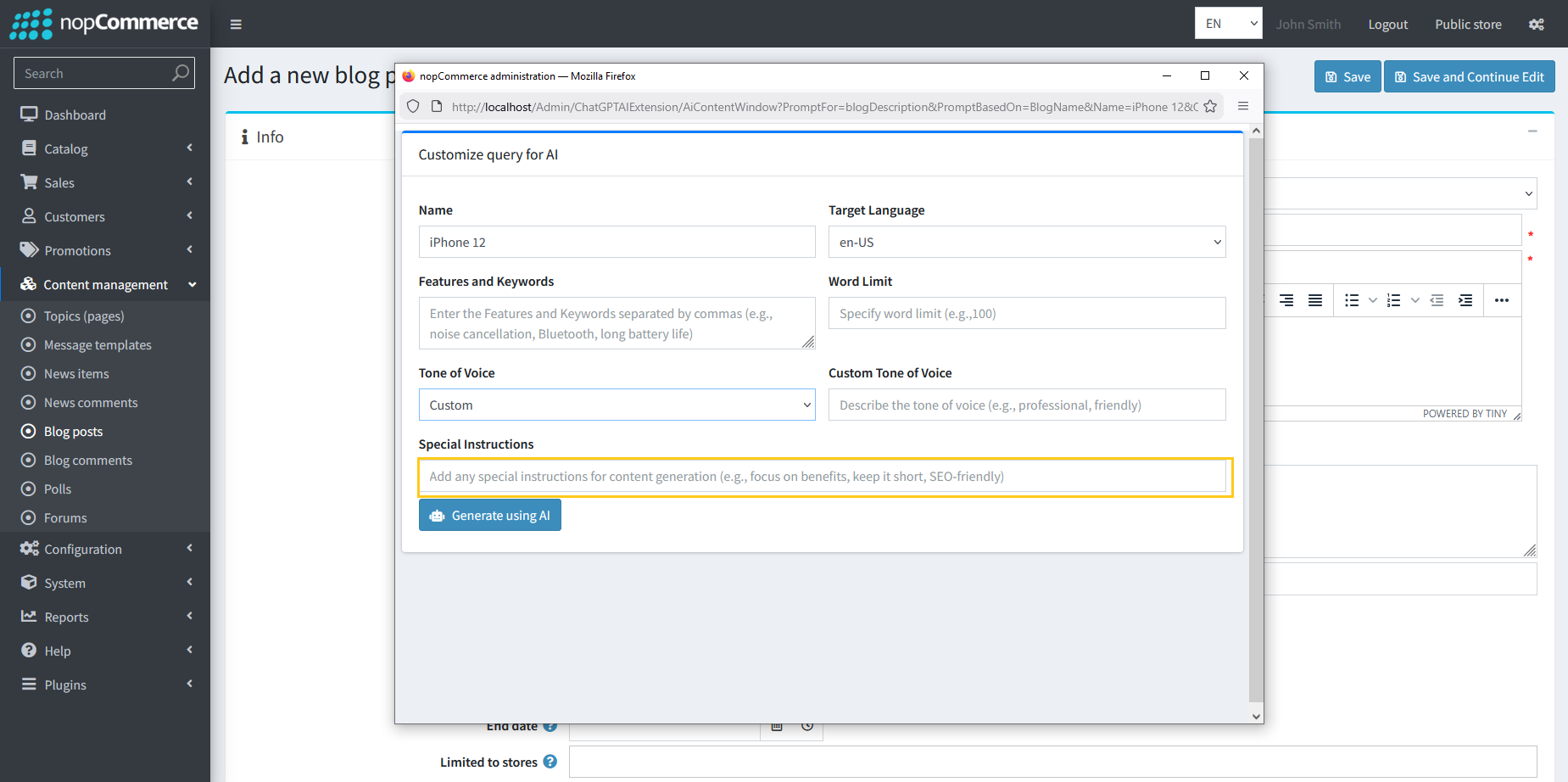 Additional instructions field for blog AI guidance