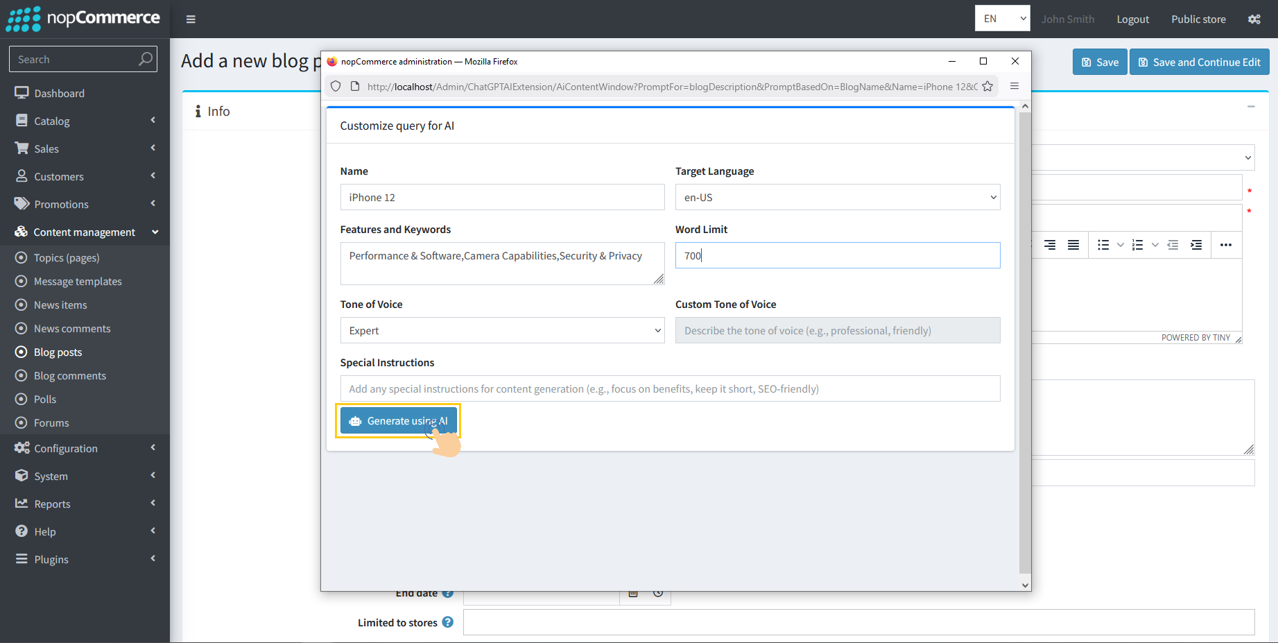 Generate Using AI button in blog customize dialog