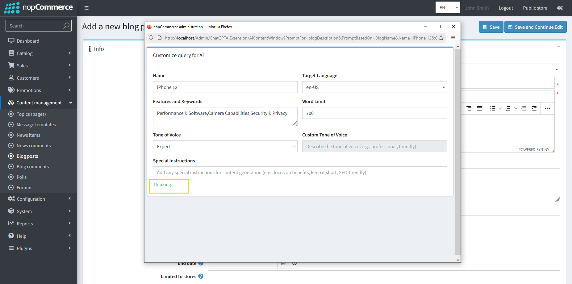 Thinking status indicator during blog generation
