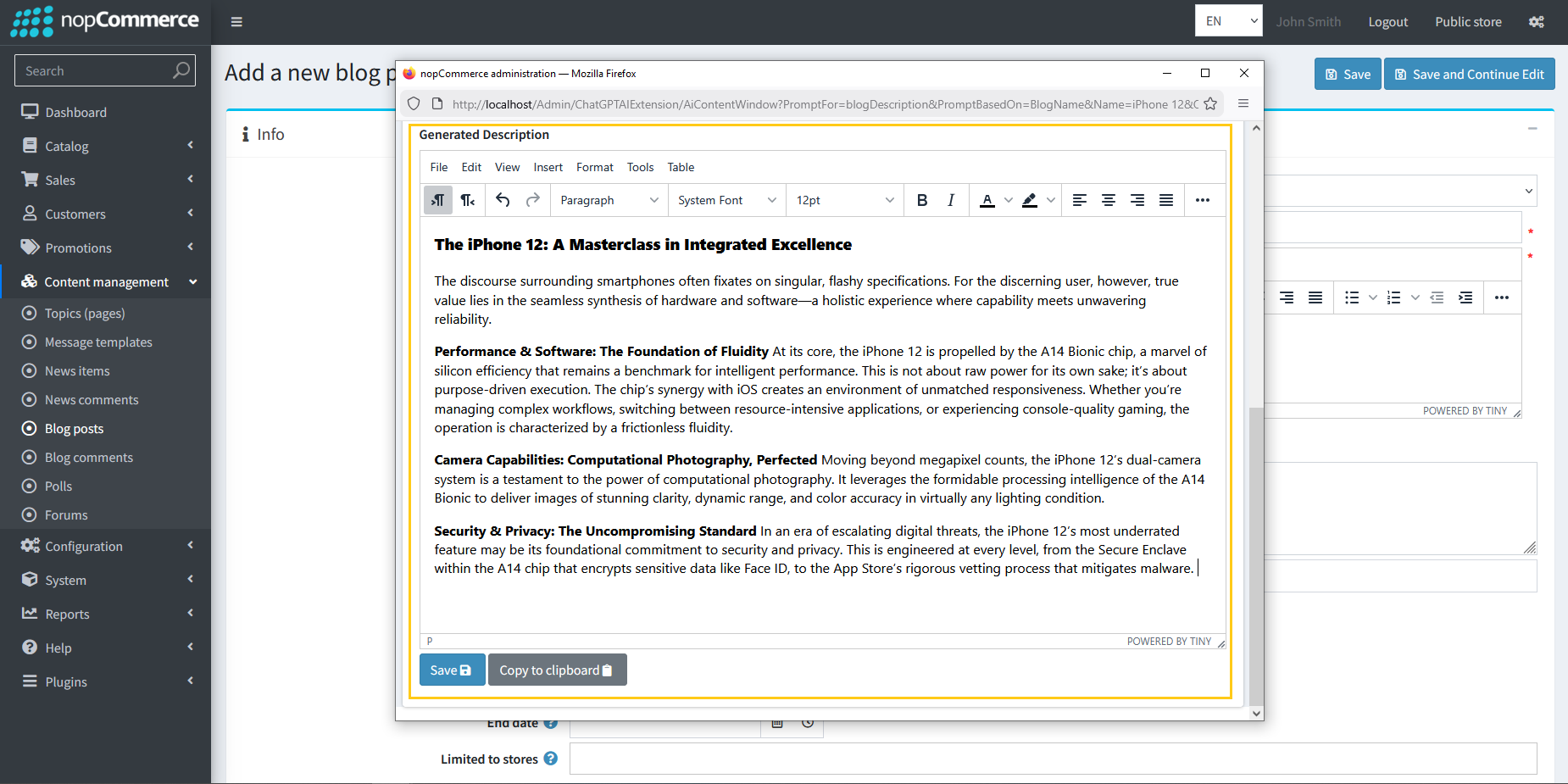 Generated blog description with Save and Copy buttons