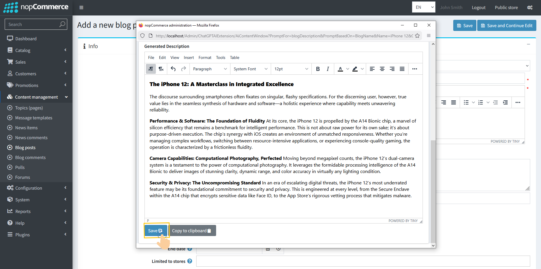 Generated content saved to blog Body text editor