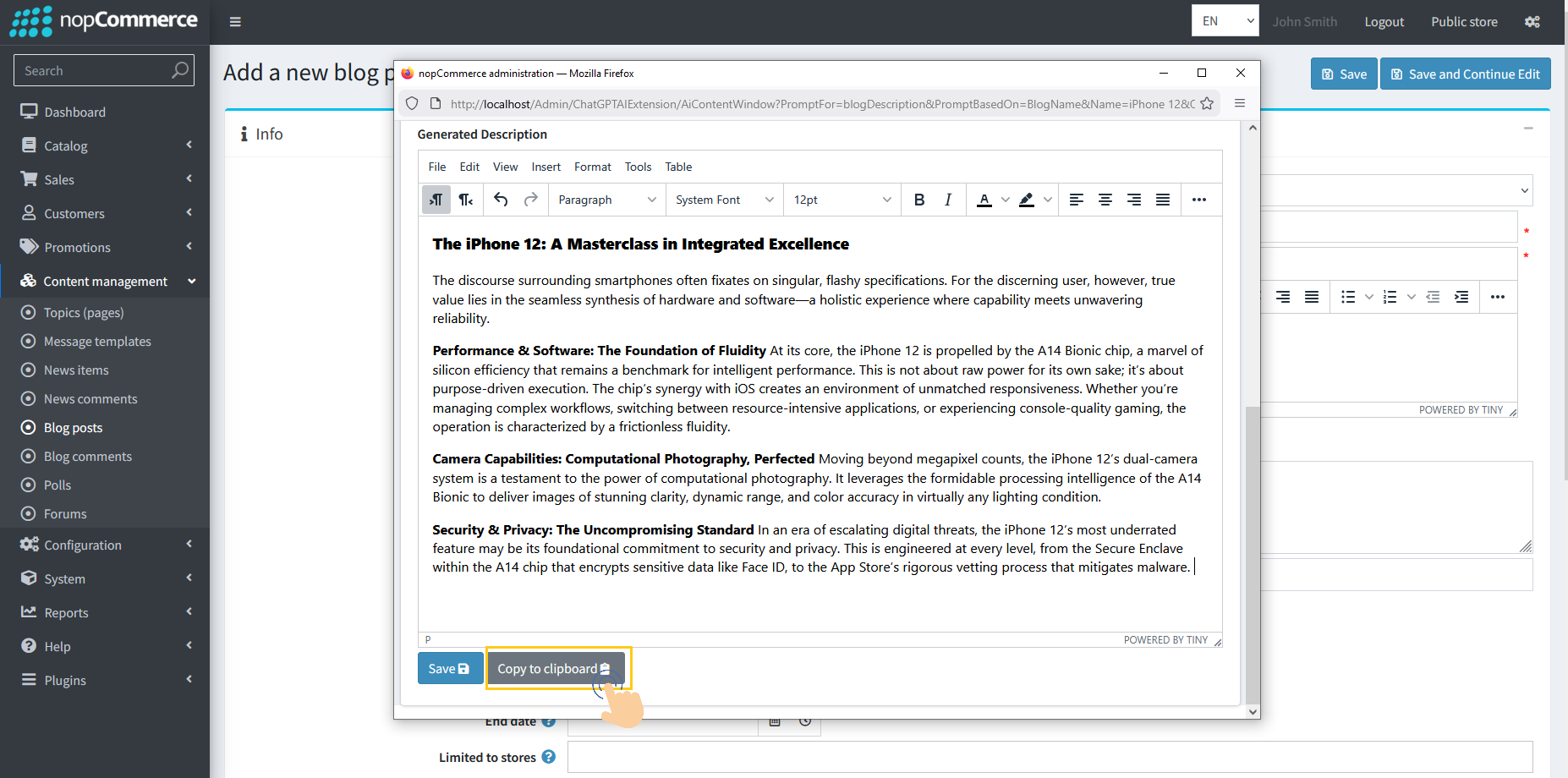 Copy to clipboard button for generated blog content