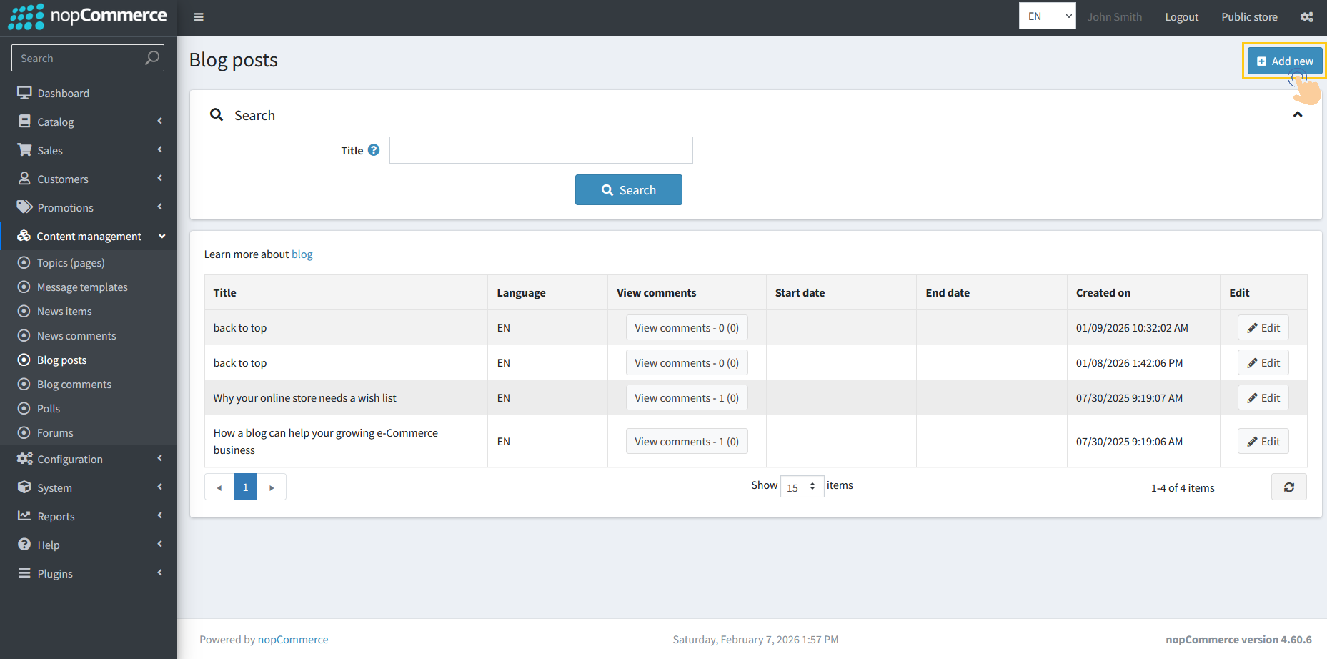 Add New button to create a new blog post