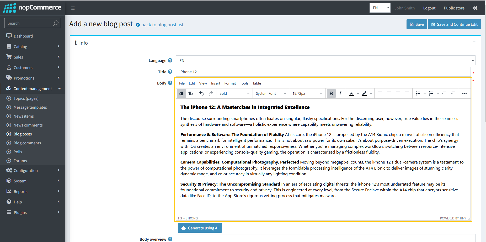 Blog Title and Body fields for meta tag generation