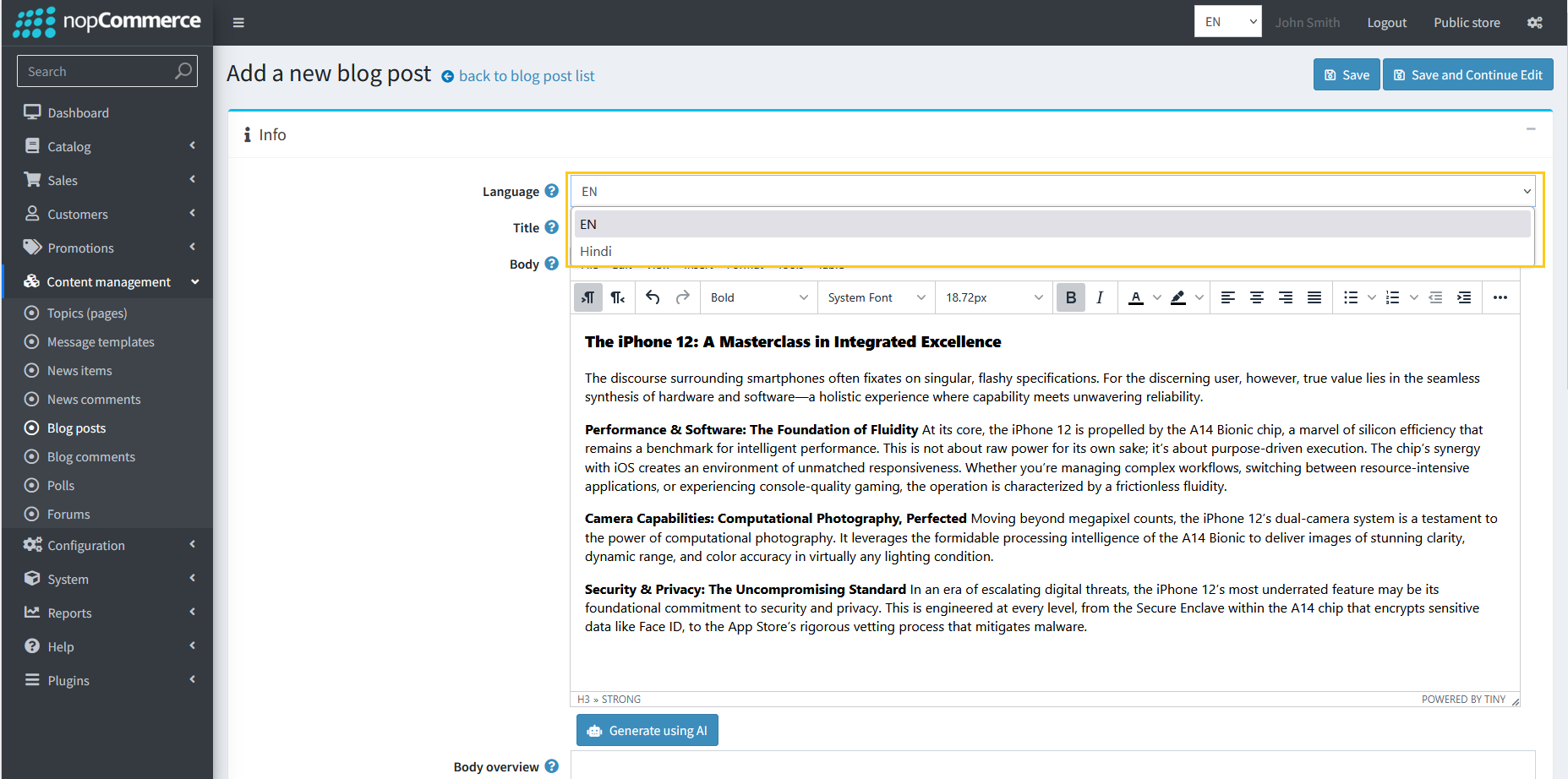 Language selection dropdown for blog meta generation