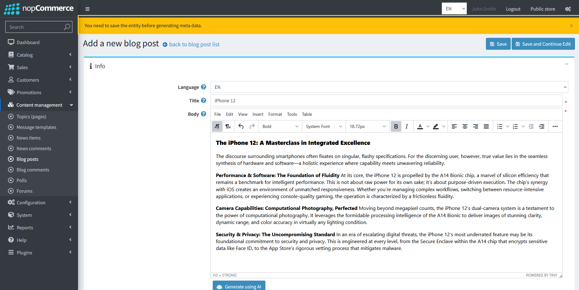 Error message requiring blog save before meta generation