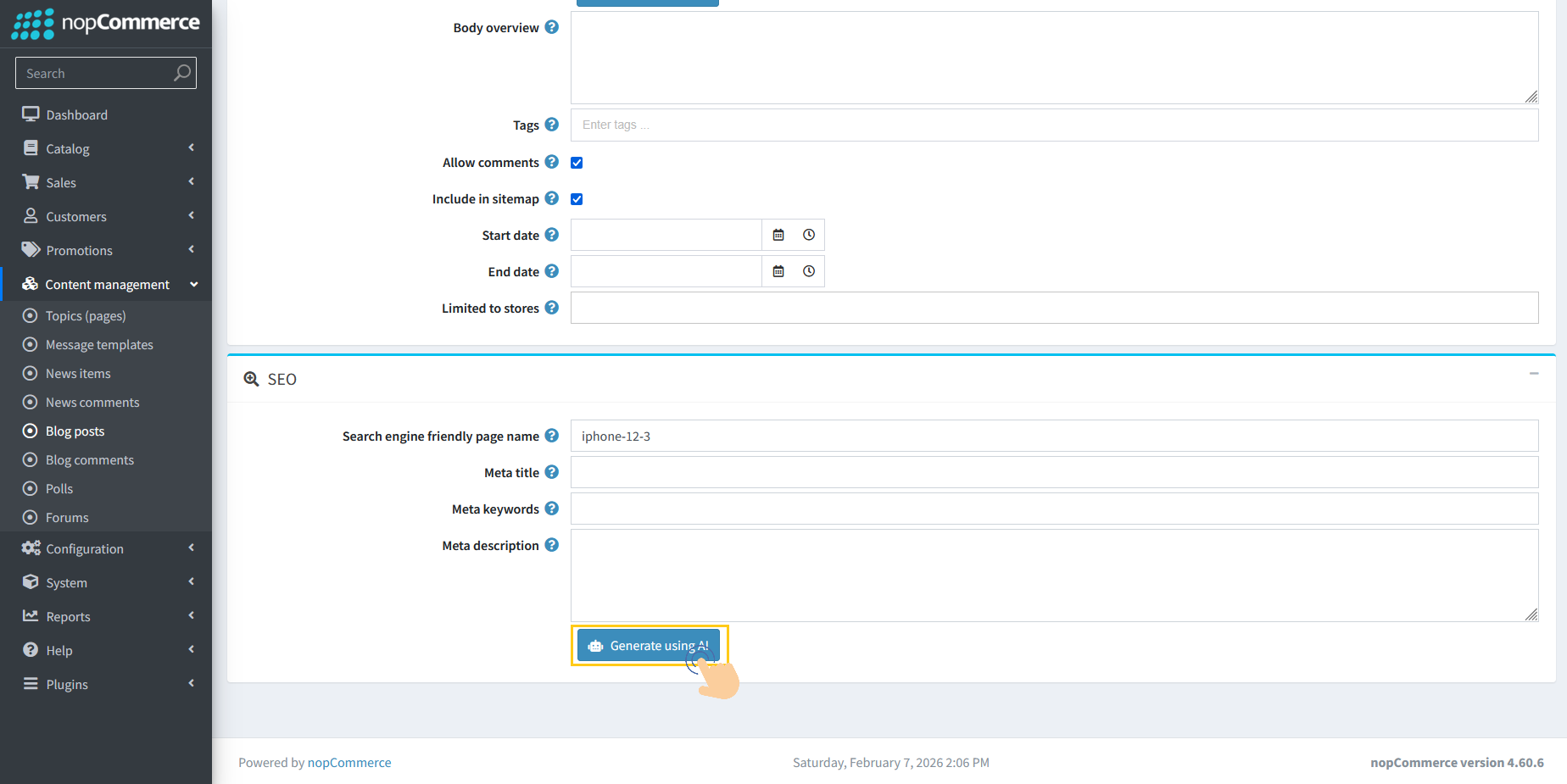 SEO section with Generate Using AI button for blog meta tags