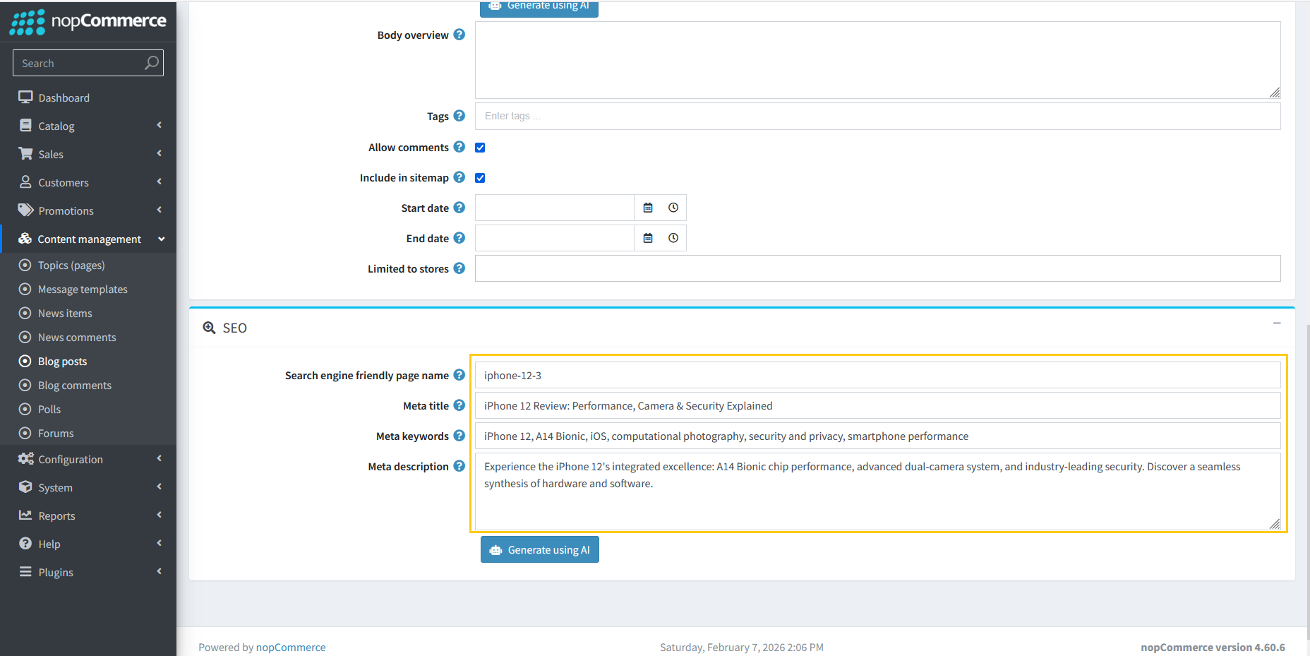 Generated meta tags displayed in blog SEO fields