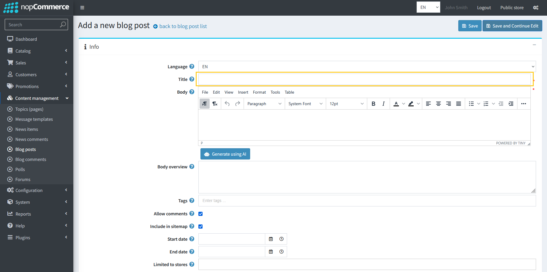 Blog Title input field on blog post creation form