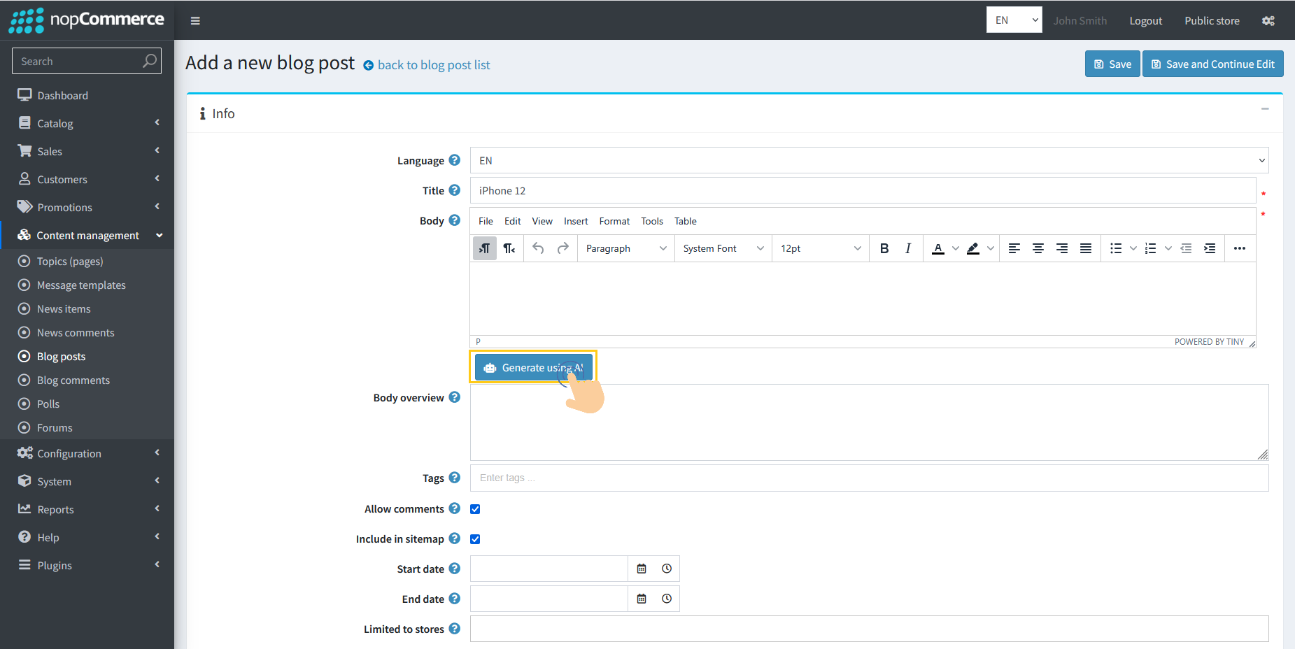 Generate Using AI button on blog page
