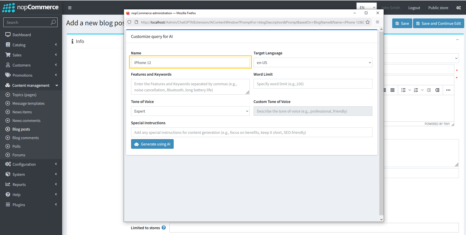 Name field auto-populated with blog title in AI dialog