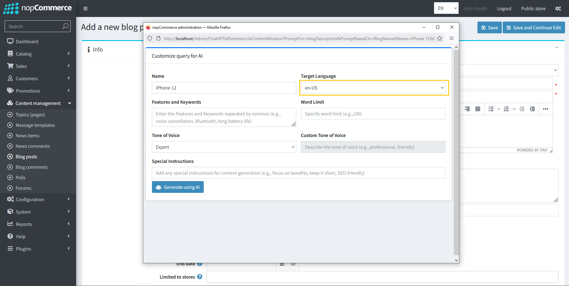 Language selection dropdown for blog AI generation
