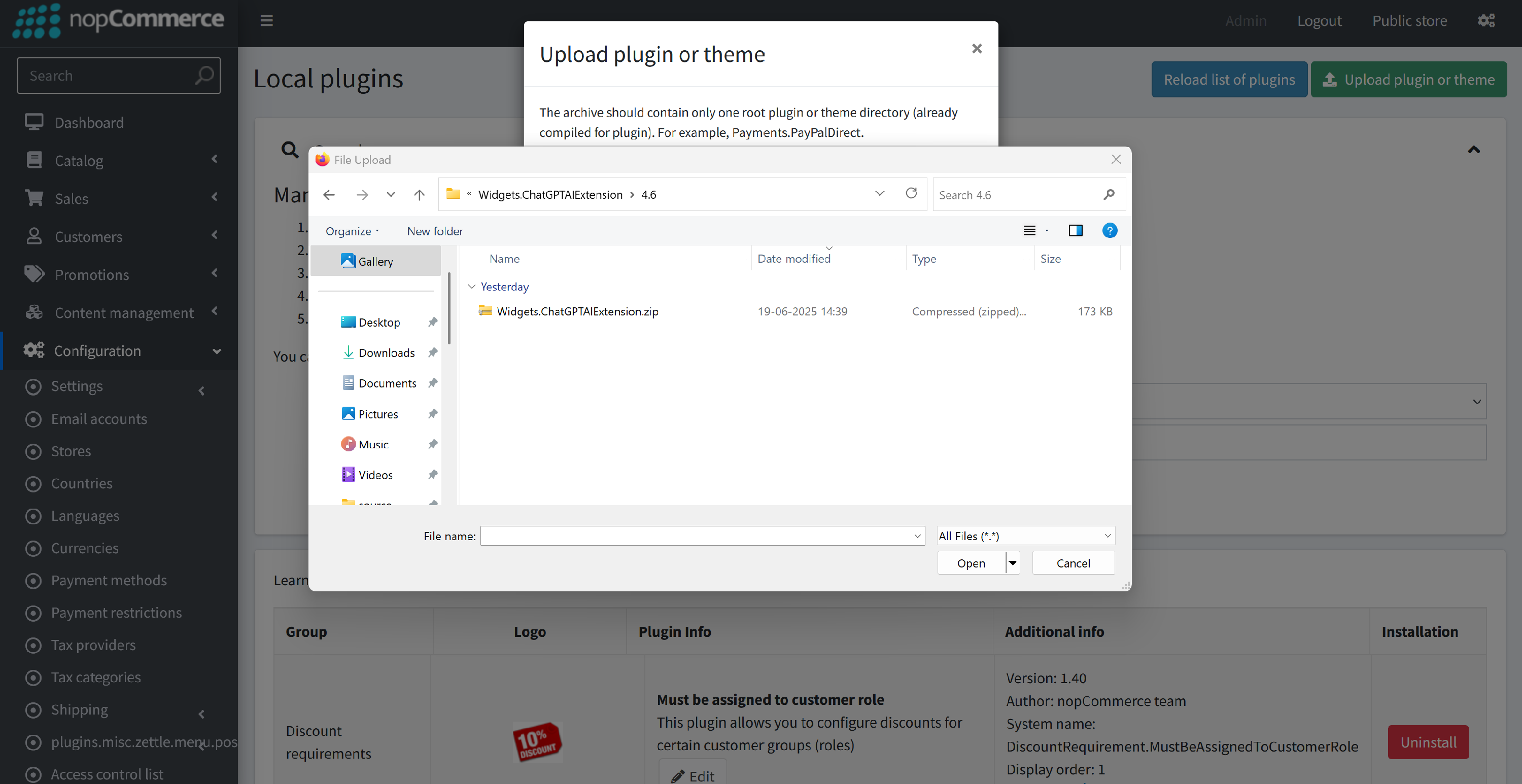 Plugin file selection and upload confirmation screen
