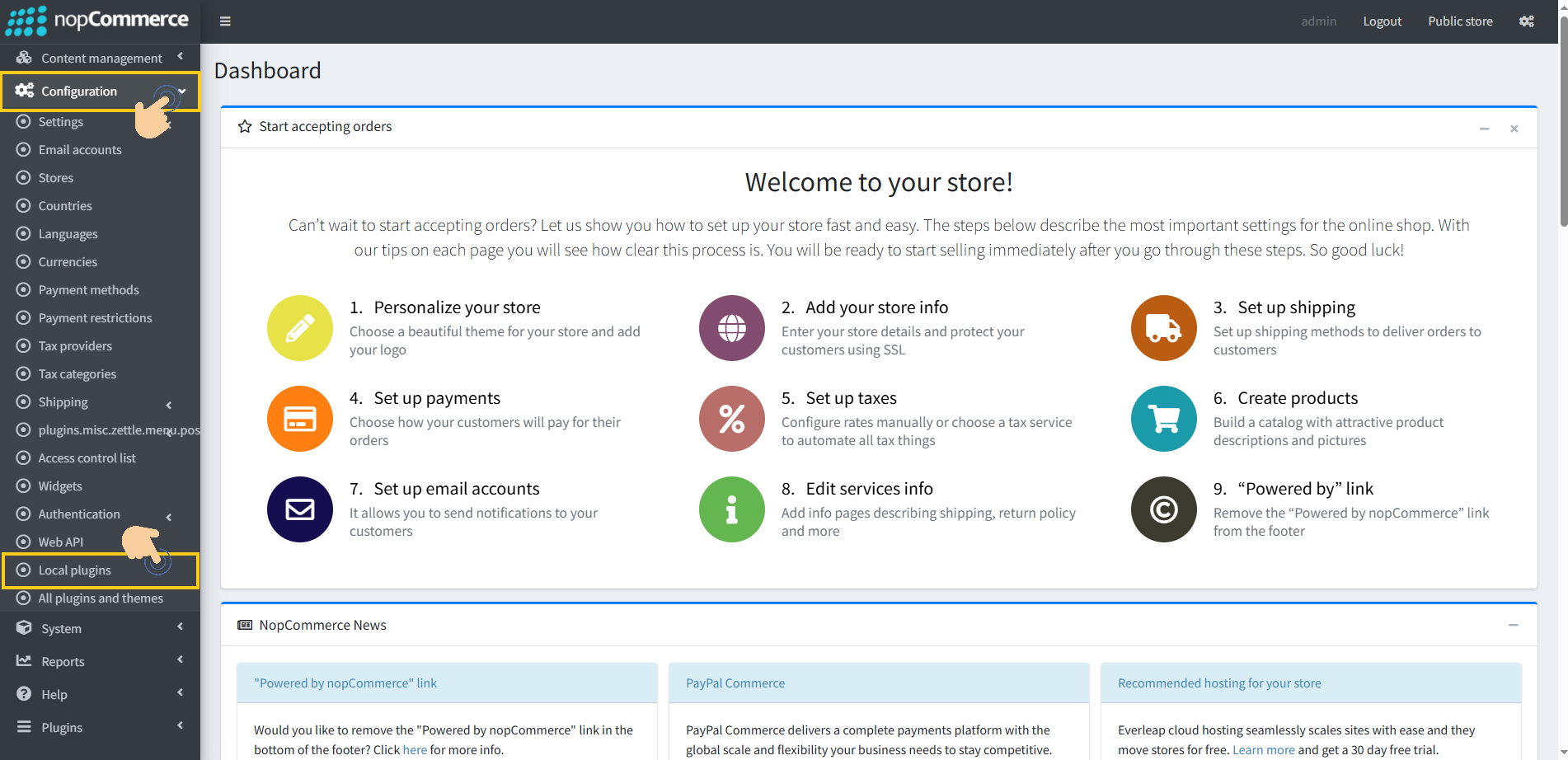 Admin dashboard Configuration menu showing Local plugins section