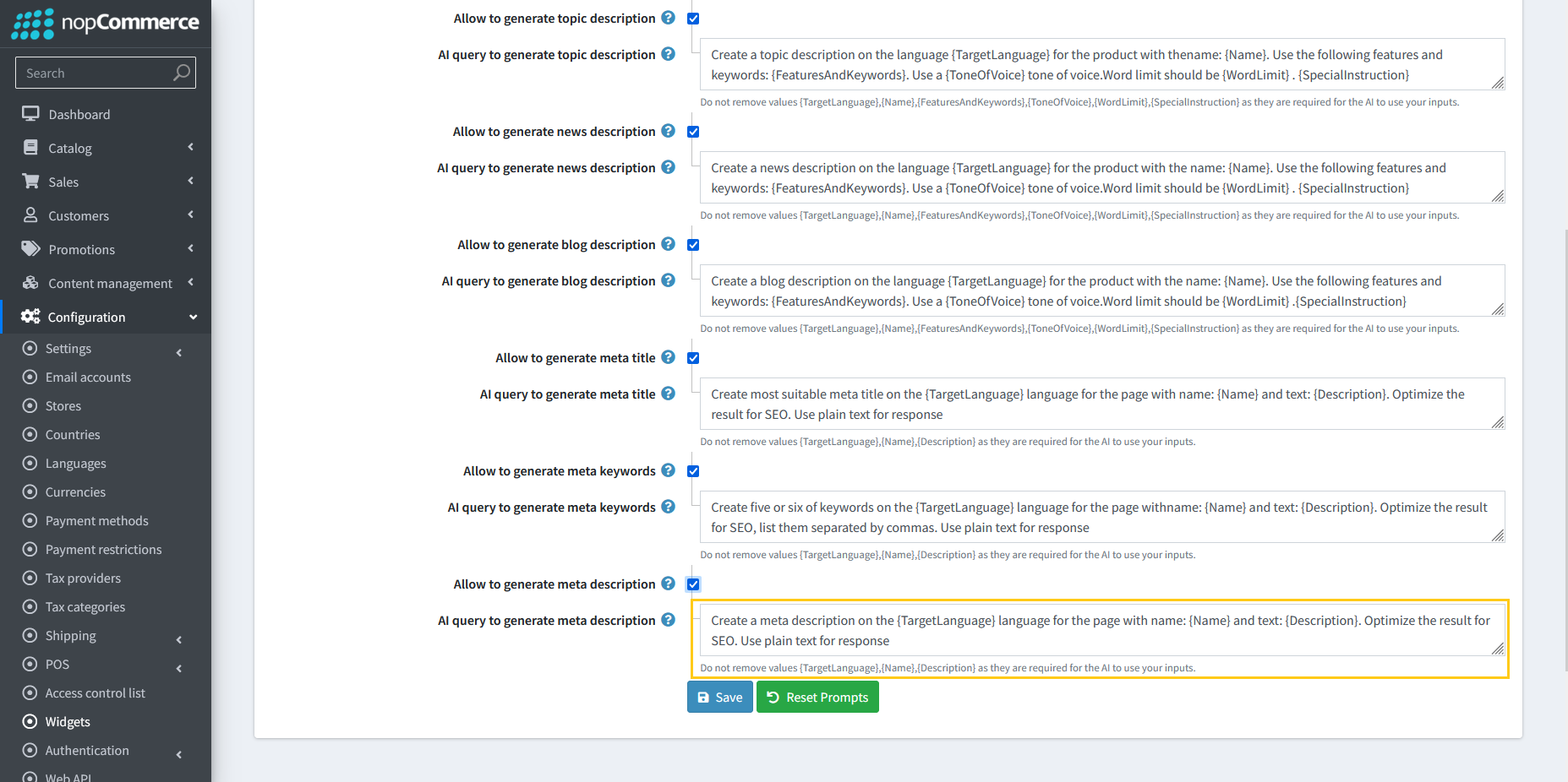 AI query field for meta description generation prompt