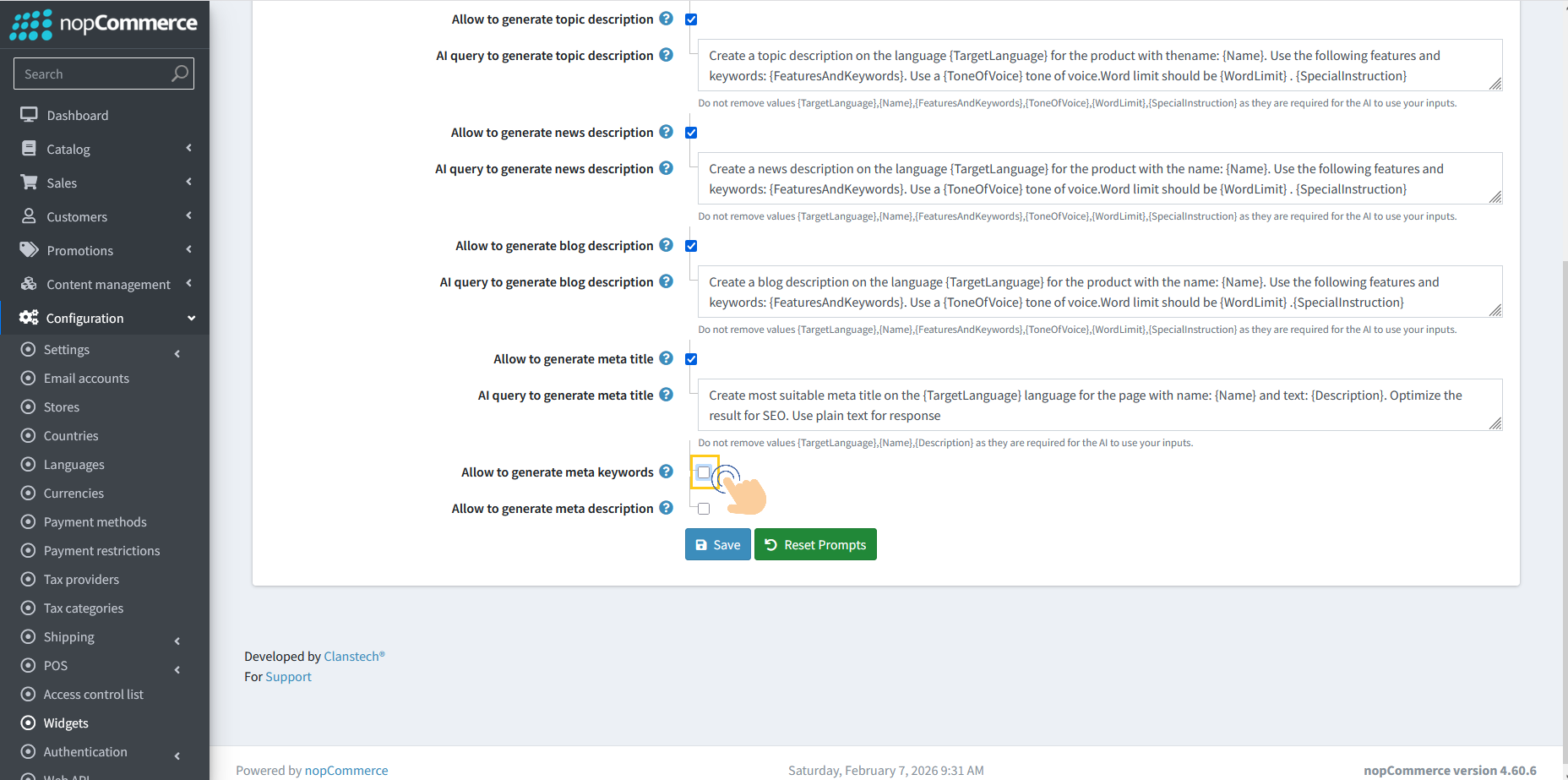 Allow to generate meta keywords checkbox option