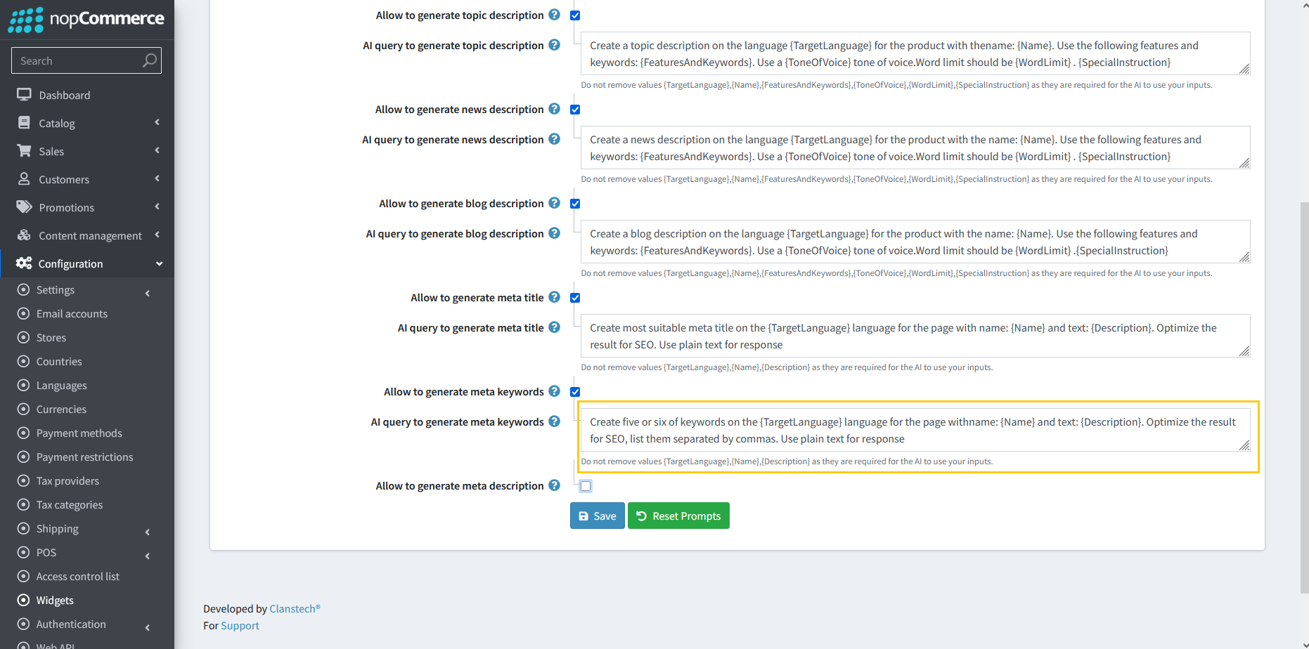 AI query field for meta keywords generation prompt