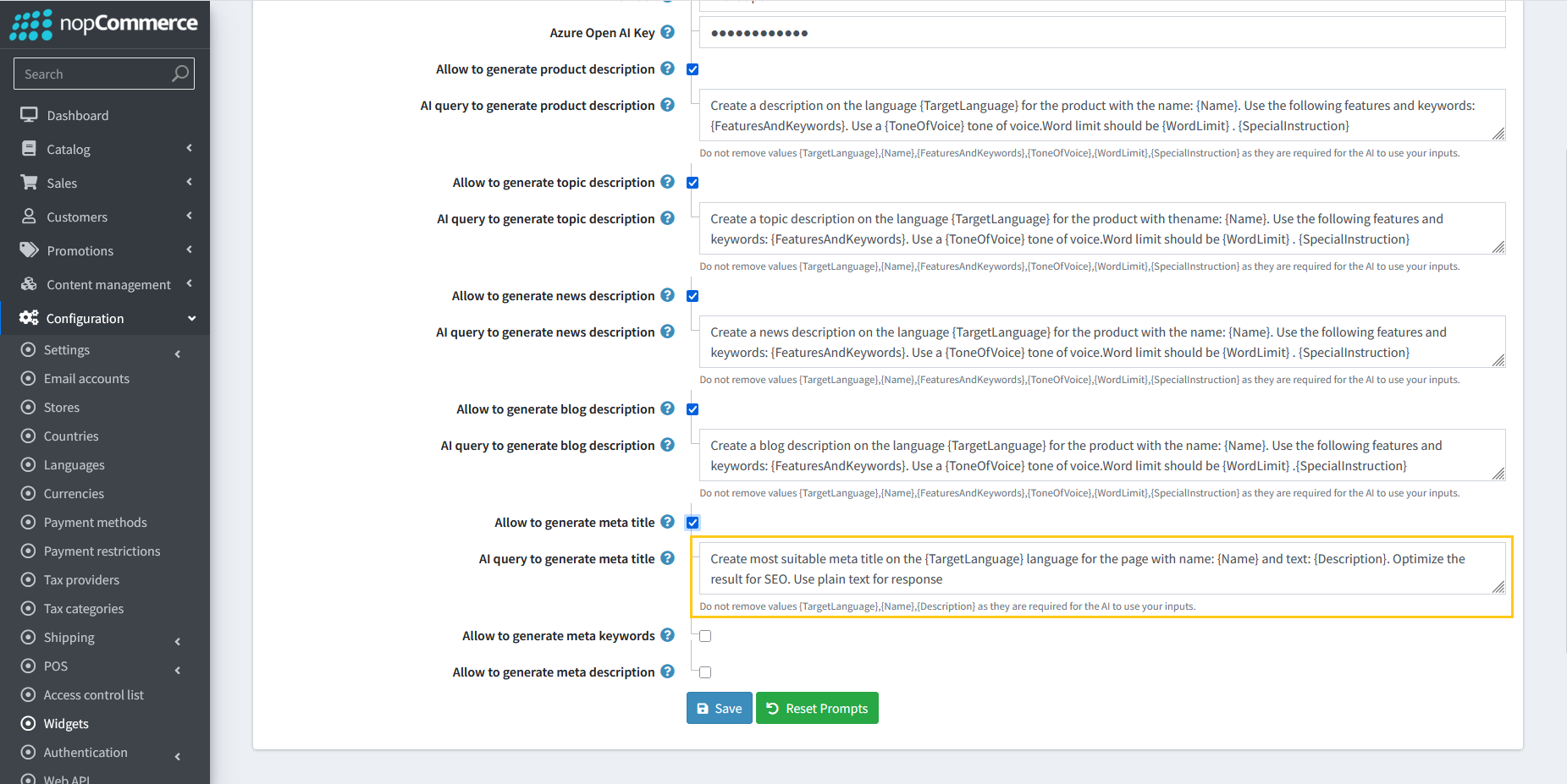 AI query field for meta title generation prompt