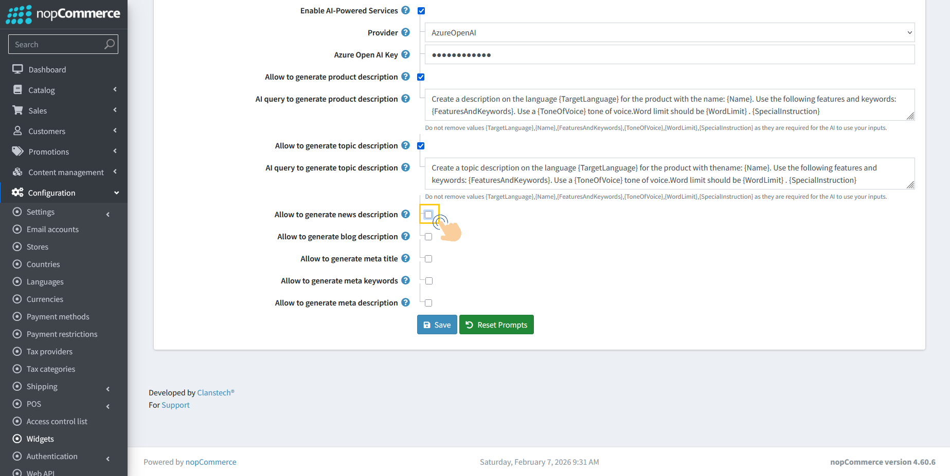 Allow to generate news description checkbox option