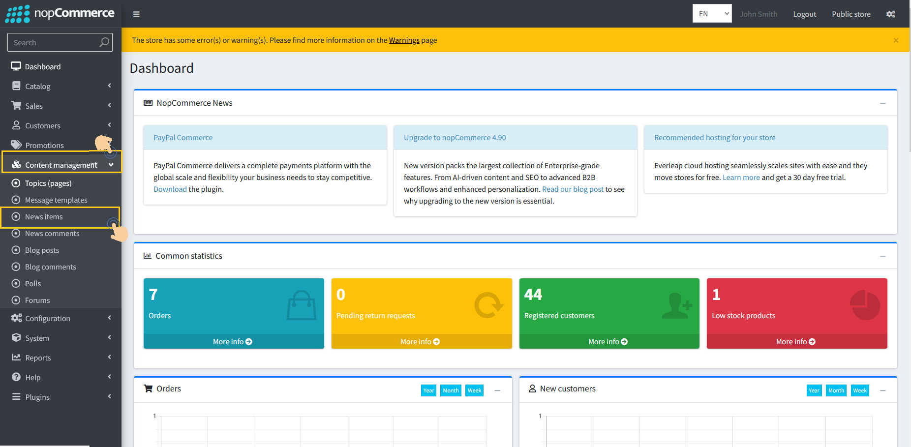Content Management News items menu page