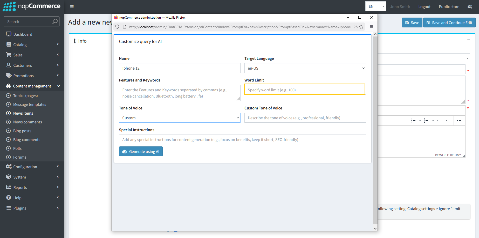 Word limit input for news content generation