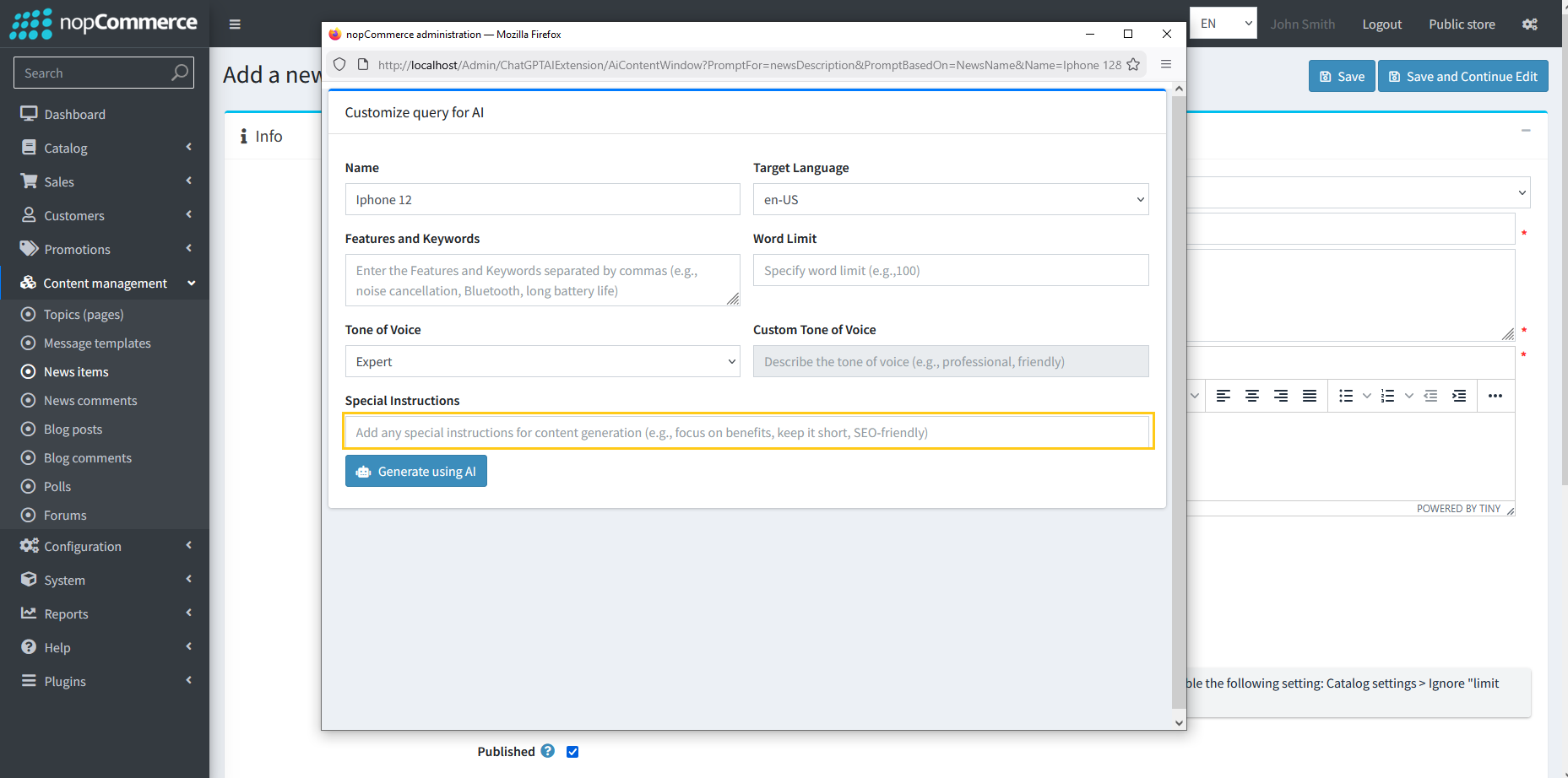 Additional instructions field for news AI guidance