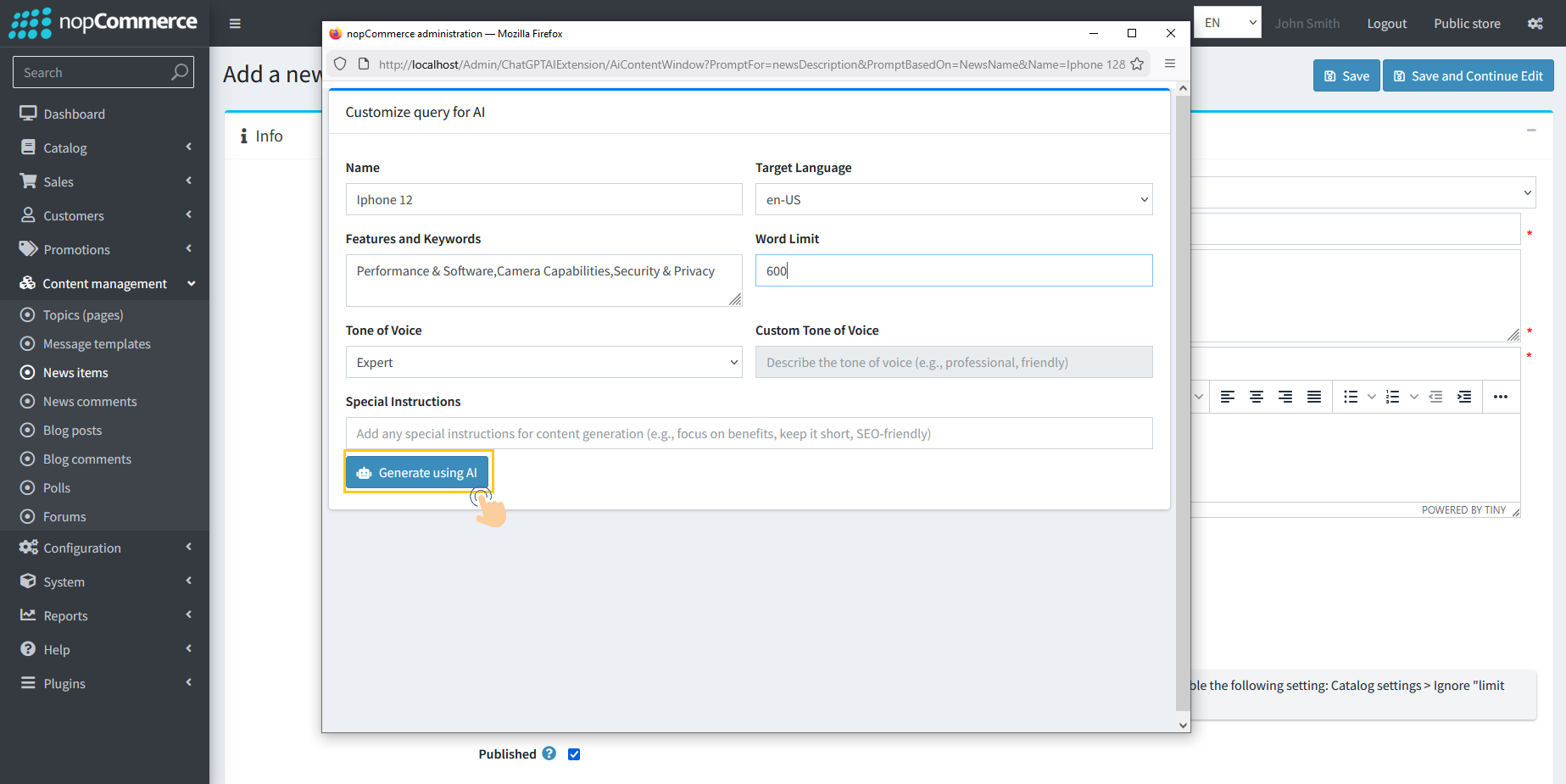 Generate Using AI button in news customize dialog