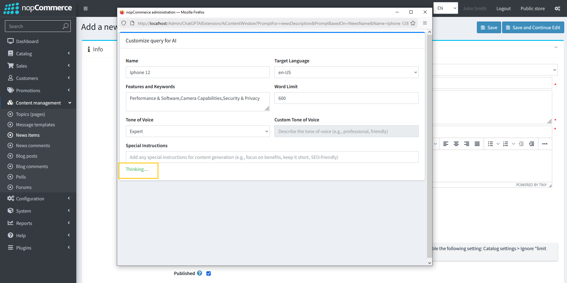 Thinking status indicator during news generation