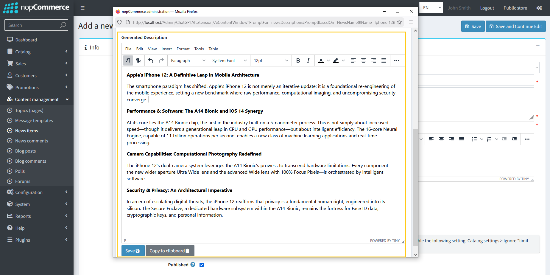 Generated news description with Save and Copy buttons