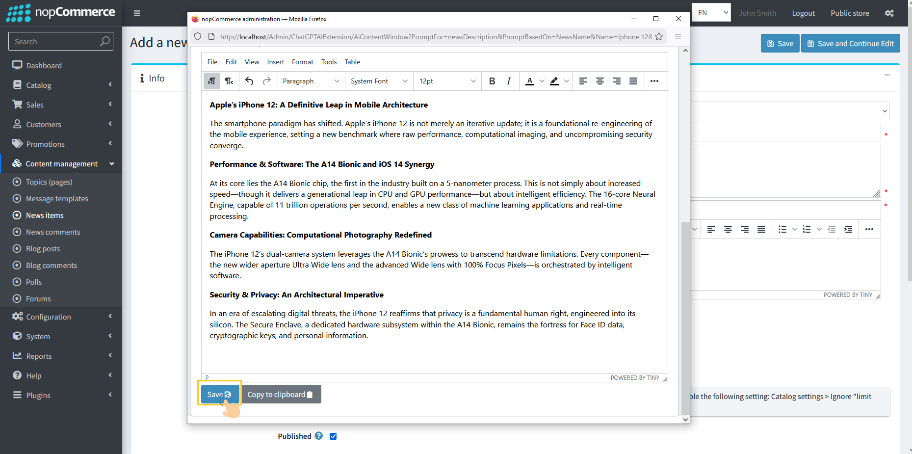 Generated content saved to news Full Description field