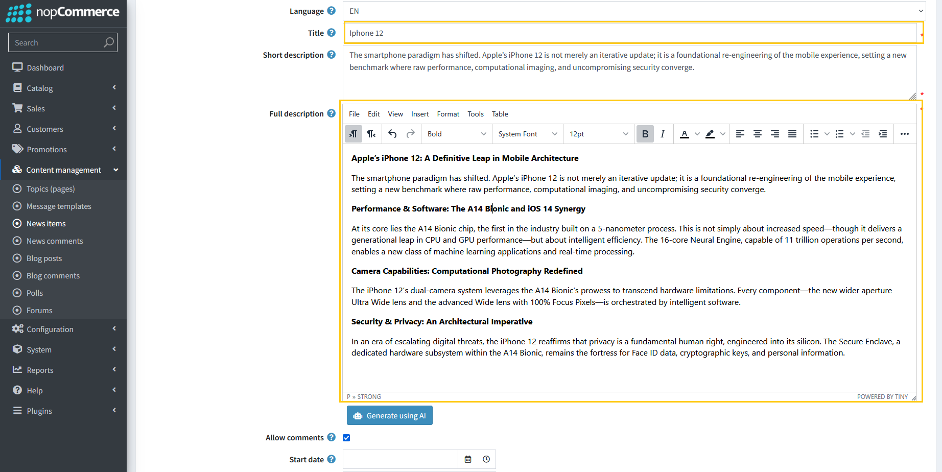 News Title and Full Description fields for meta generation