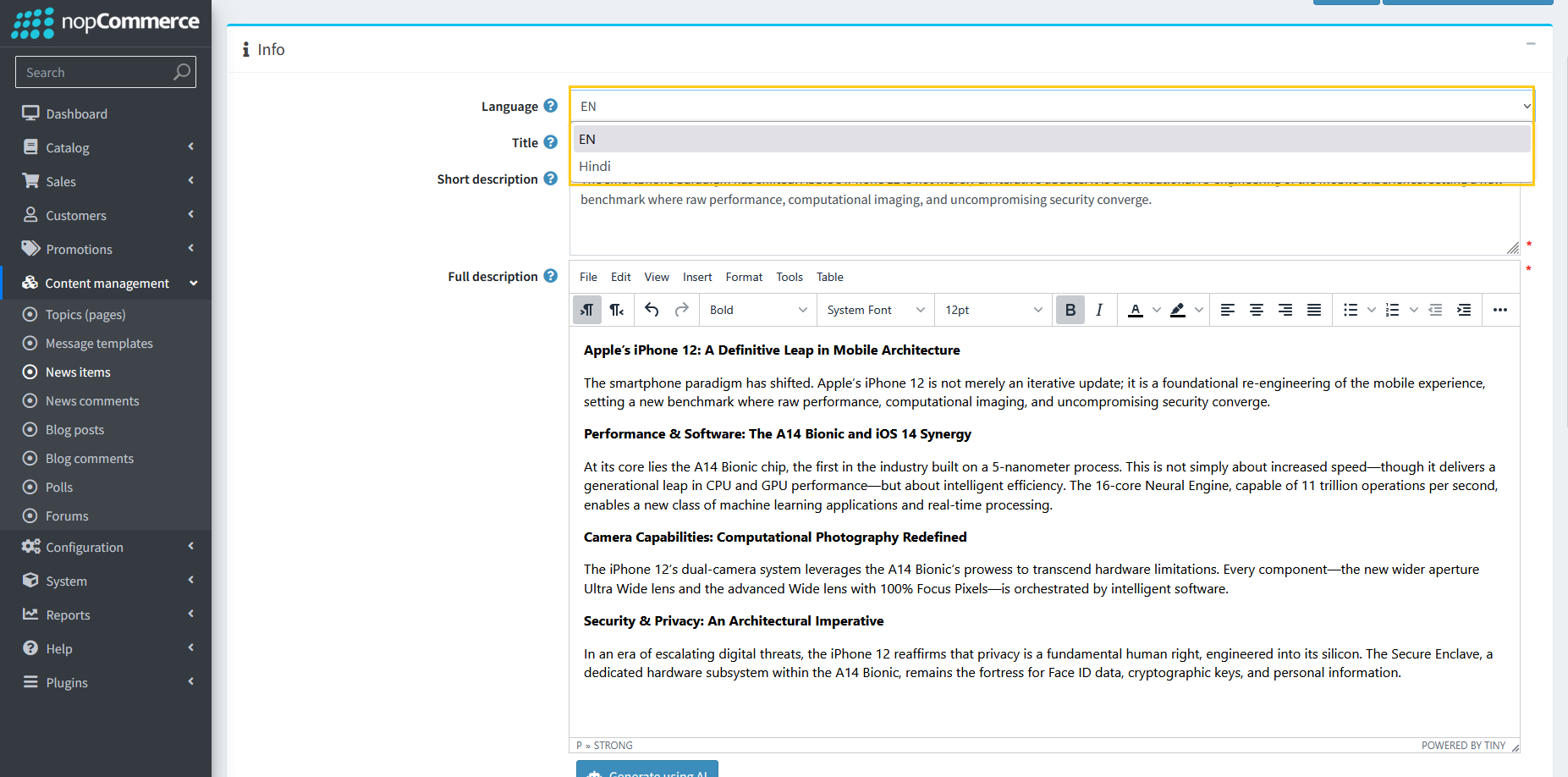 Language selection for news meta data generation