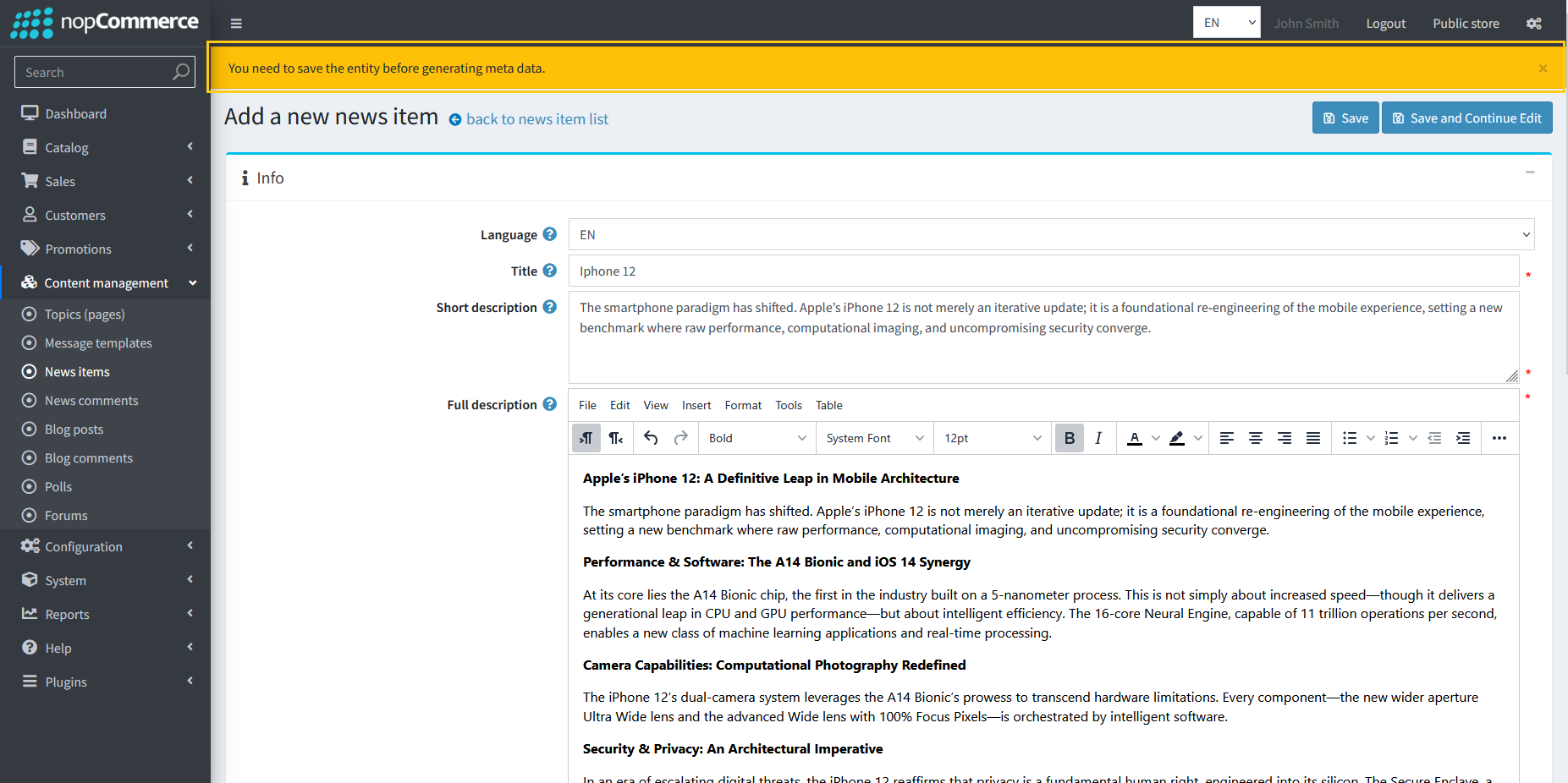 Error message requiring news save before meta generation