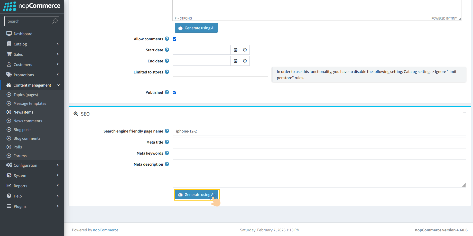 SEO section with Generate Using AI button for news meta tags
