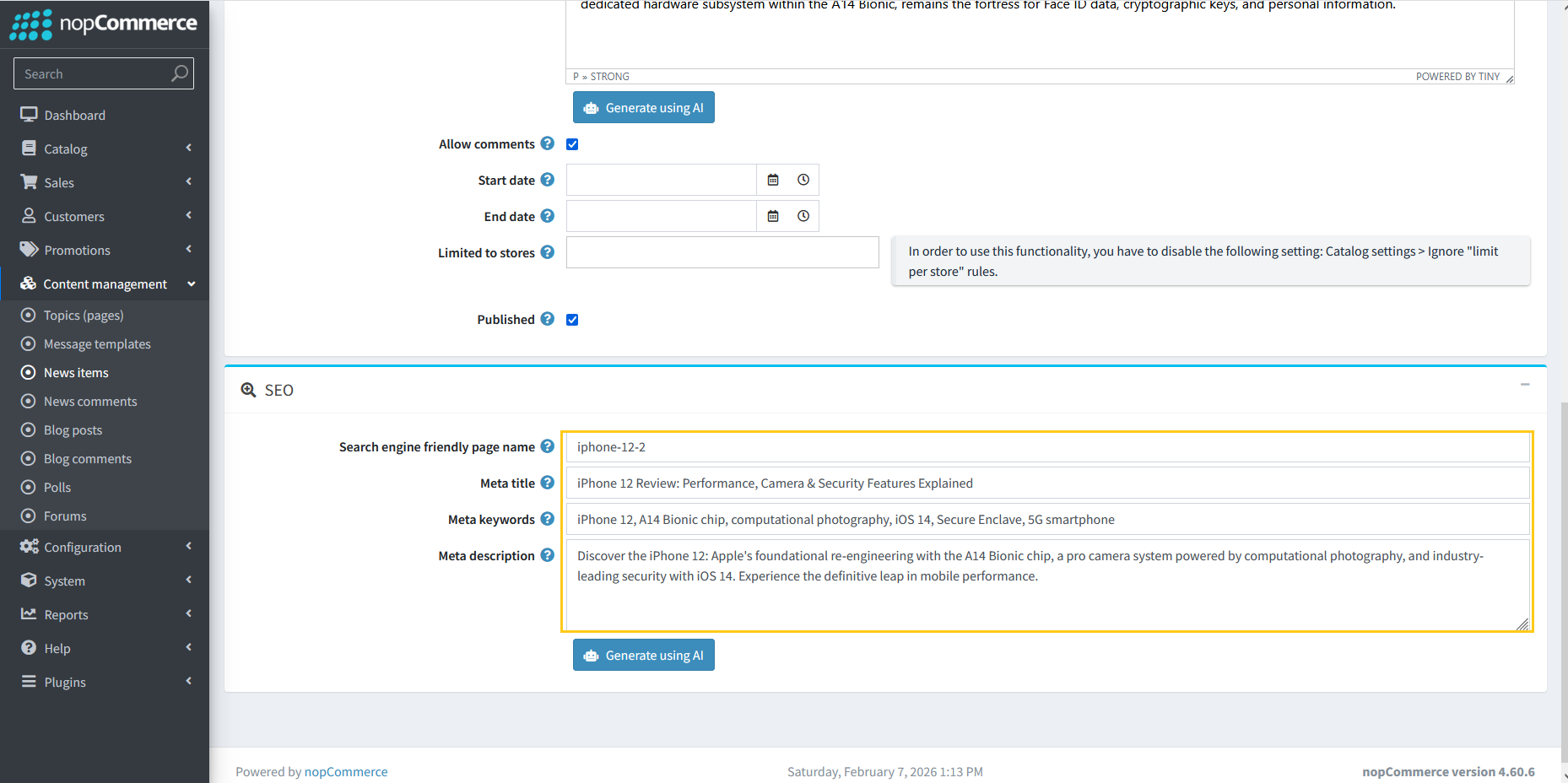 Generated meta tags displayed in news SEO fields