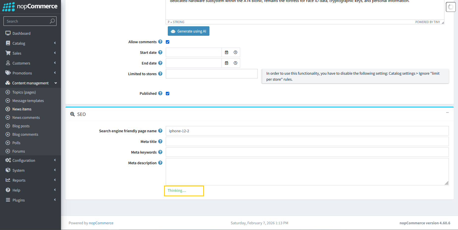 Thinking status during news meta tag generation