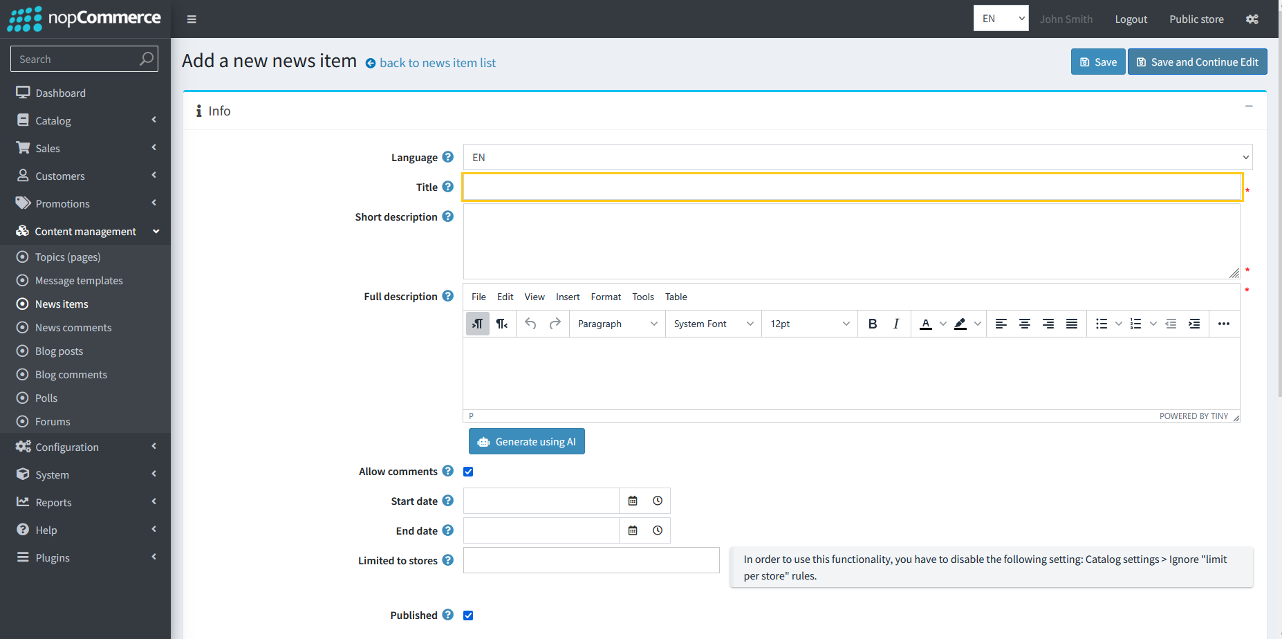 News Title input field on news creation form