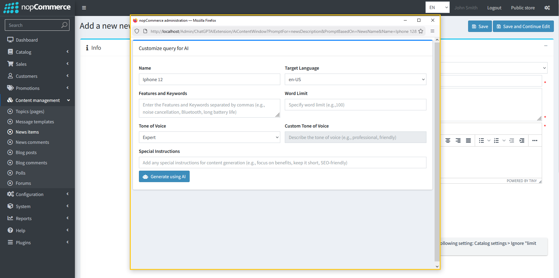 Customize Query for AI popup dialog for news content
