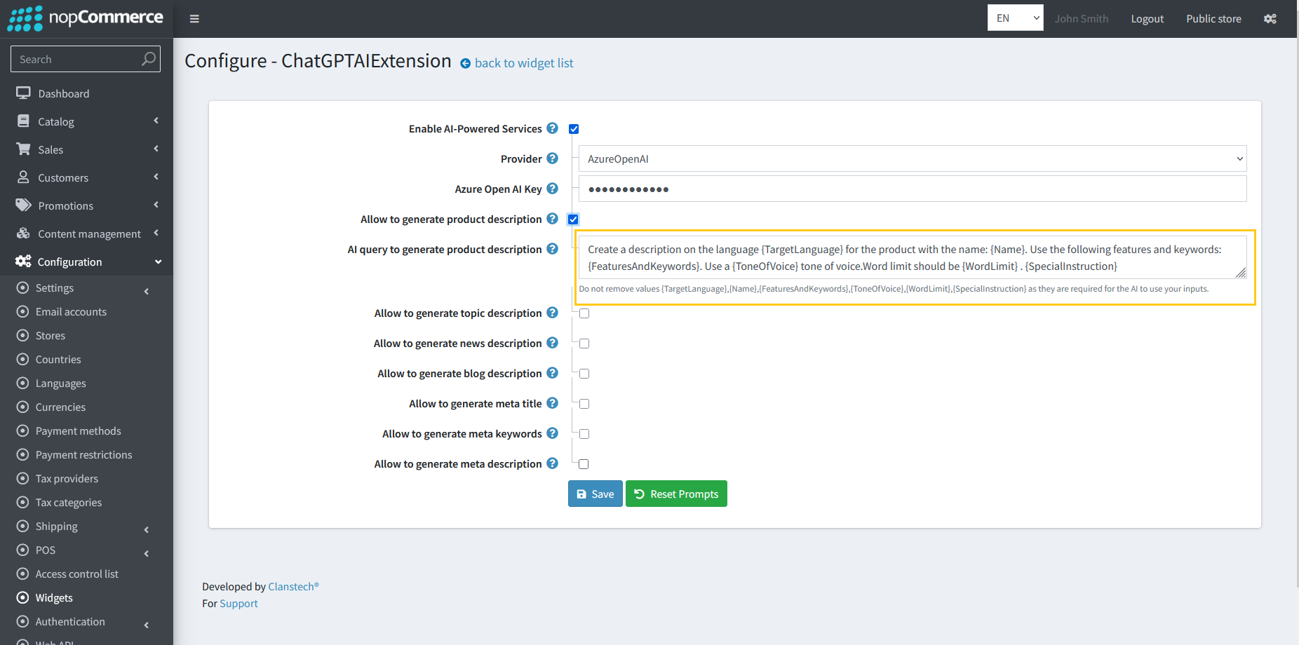 AI query field for product description generation prompt