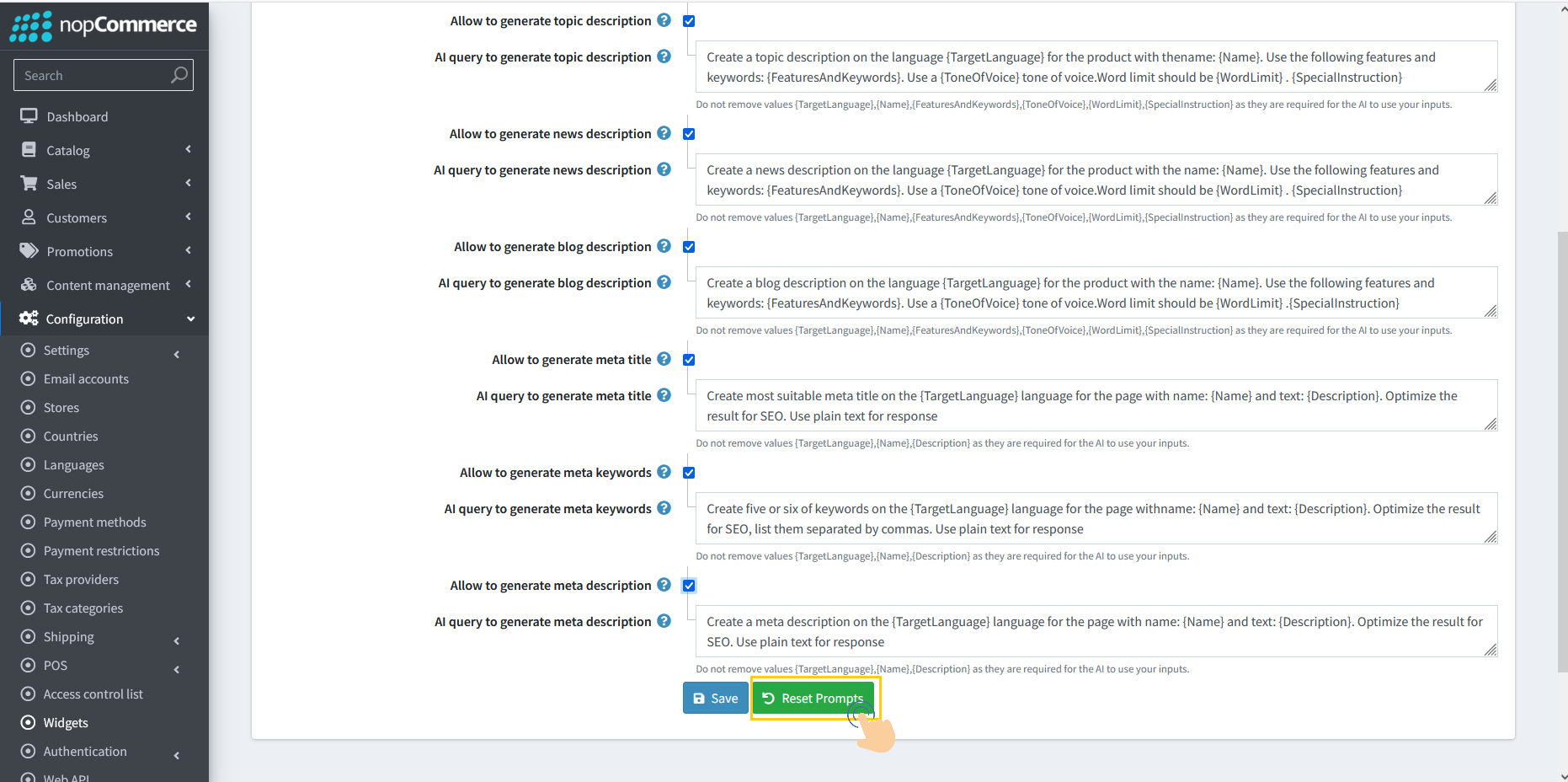 Reset Prompts button to restore default AI prompts