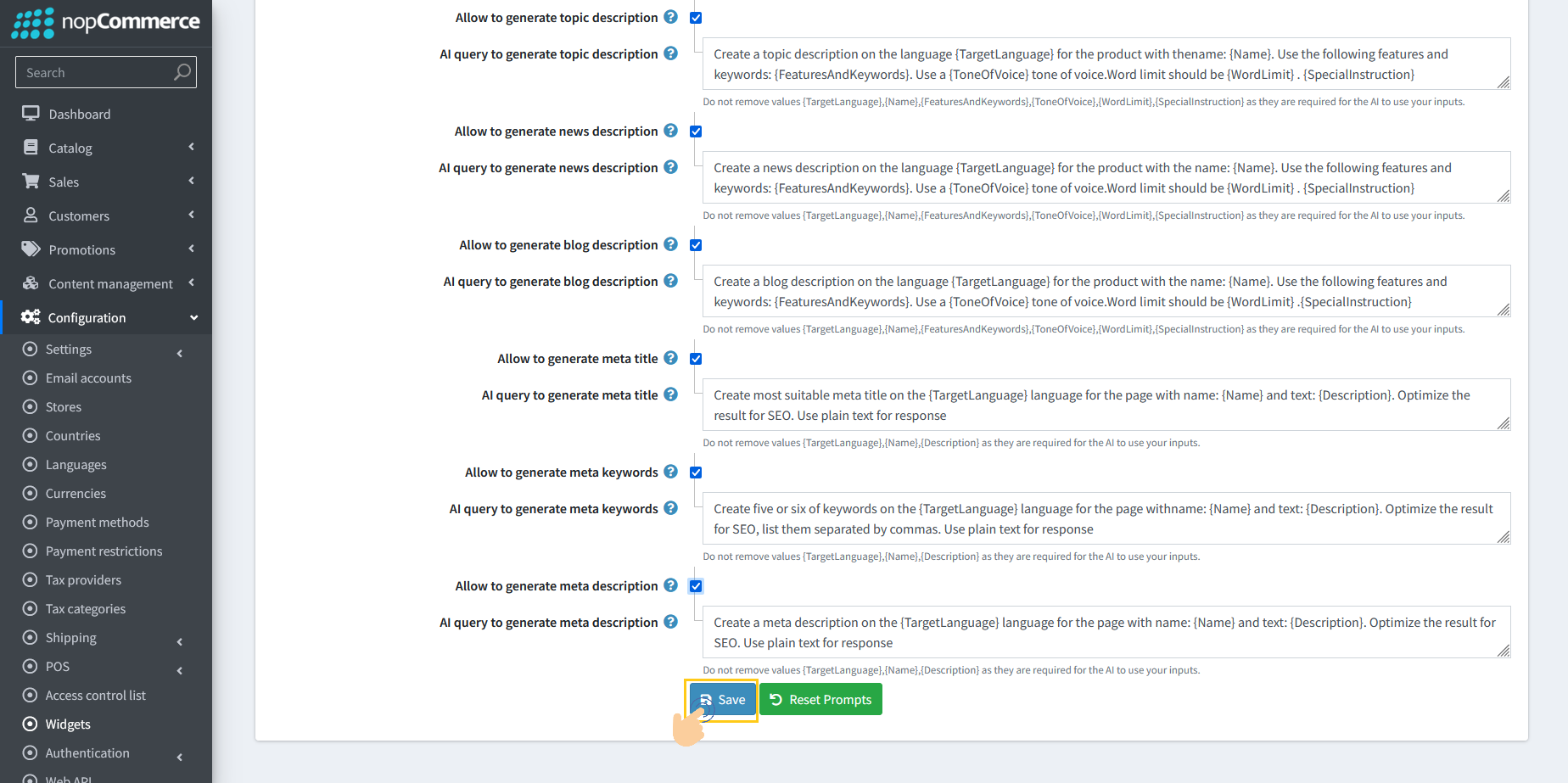 Save button to apply plugin configuration settings