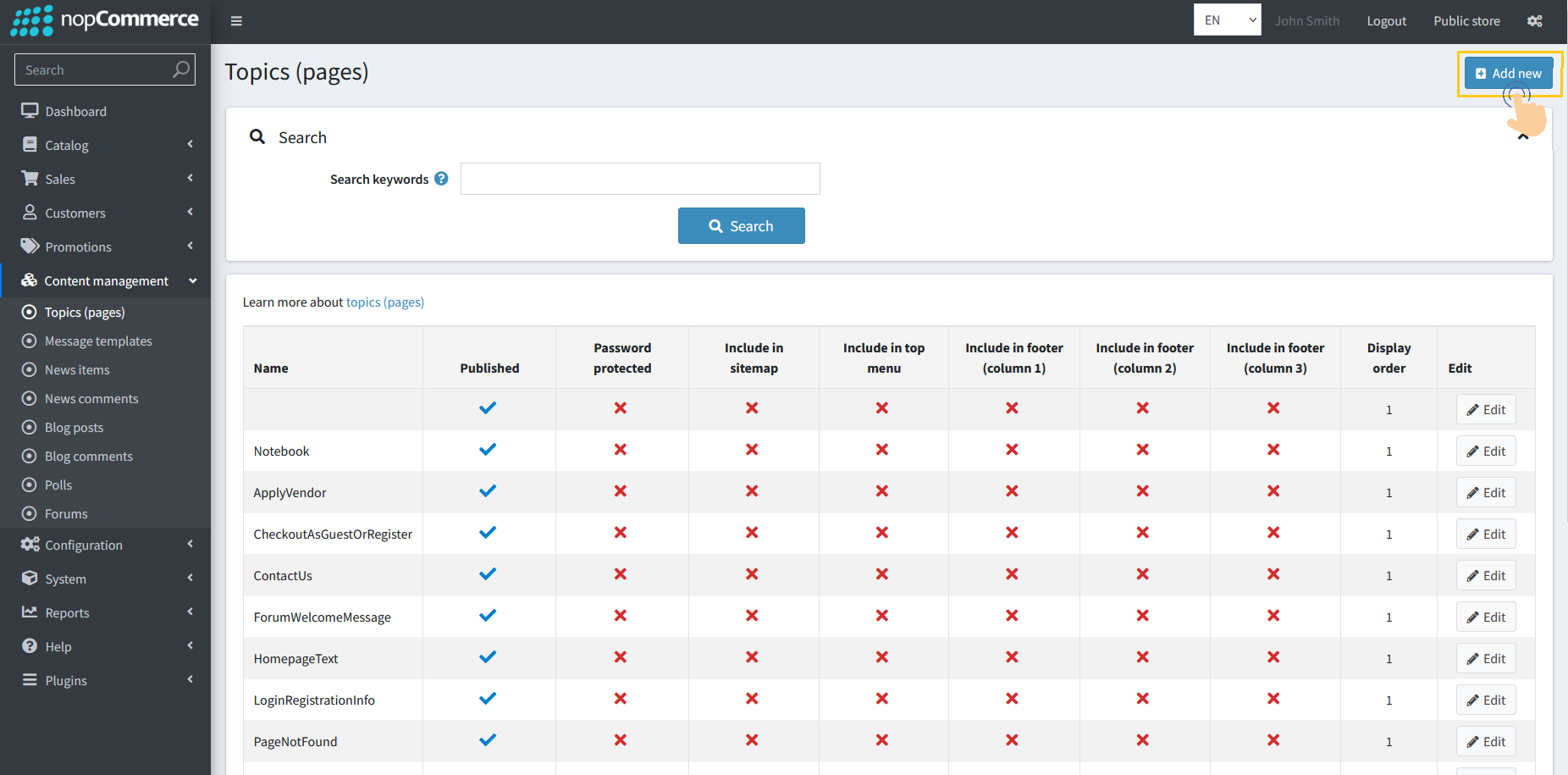 Add New button to create a new topic page