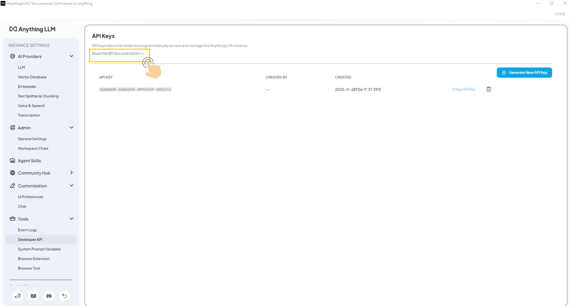 Read API Documentation link in Developer API page